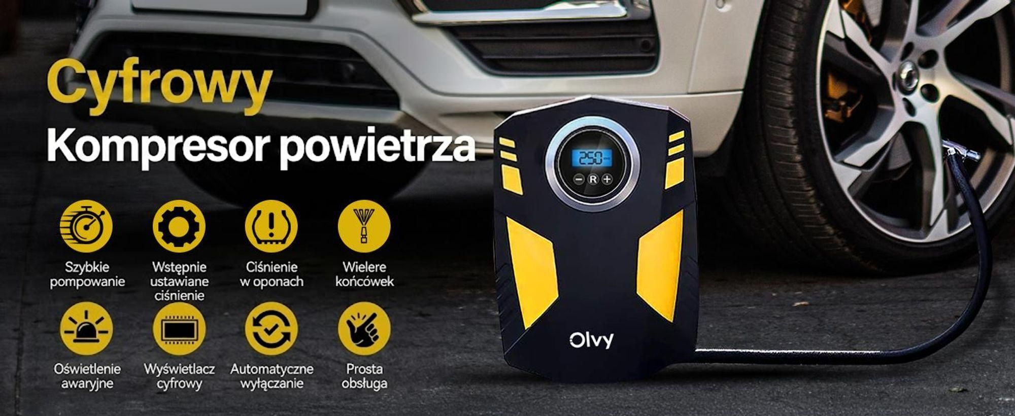 Olvy Kompresor powietrza do opon samochodowych 12 V, elektryczna pompa powietrza 10,3 bara, wyświetlacz cyfrowy, oświetlenie LED Mini kompresor do opon samochodowych 4 zawory