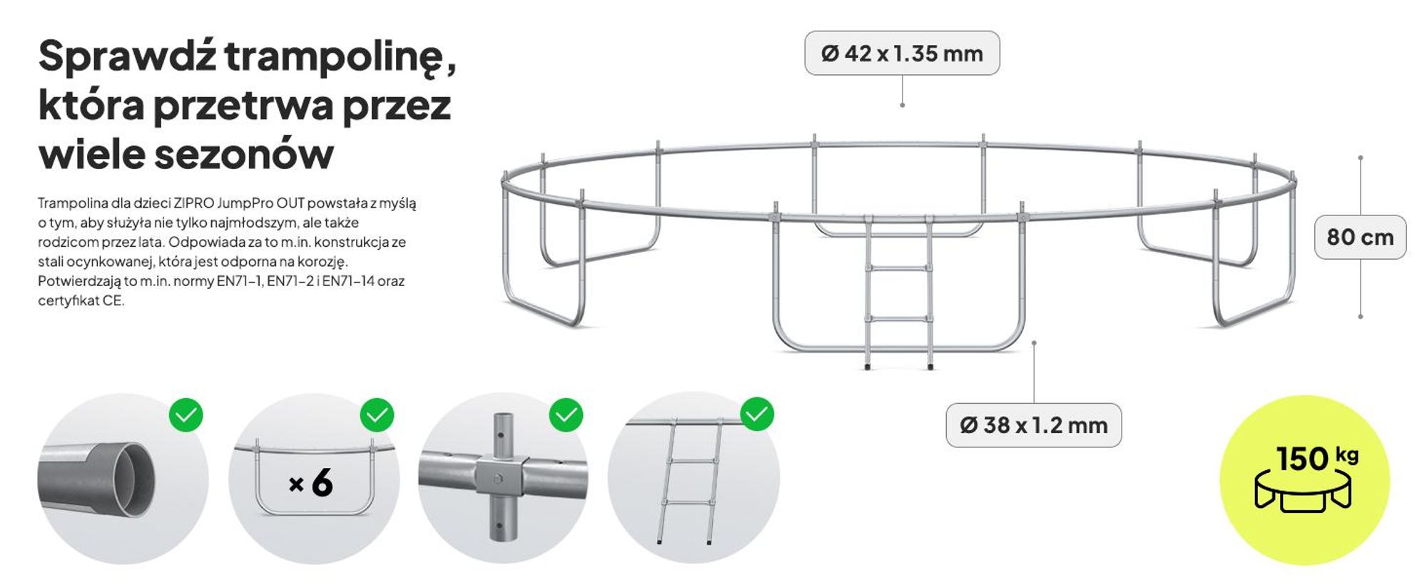 Trampolina ZIPRO Jump Pro Premium | 16FT Ø 496 cm | Trampolina ogrodowa Trampolina dla dzieci Kompletny zestaw z siatką, drabinką i osłoną krawędzi, do użytku na zewnątrz, zielona