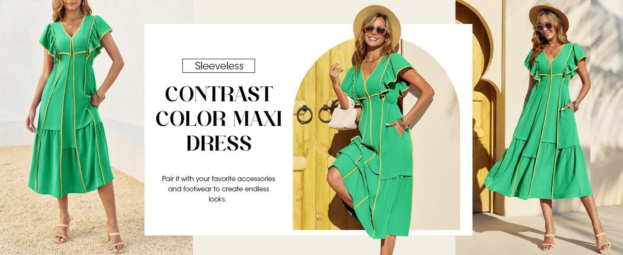 Langes Damenkleid, V-Ausschnitt, Rüschenärmel, farblich abgesetztes Design