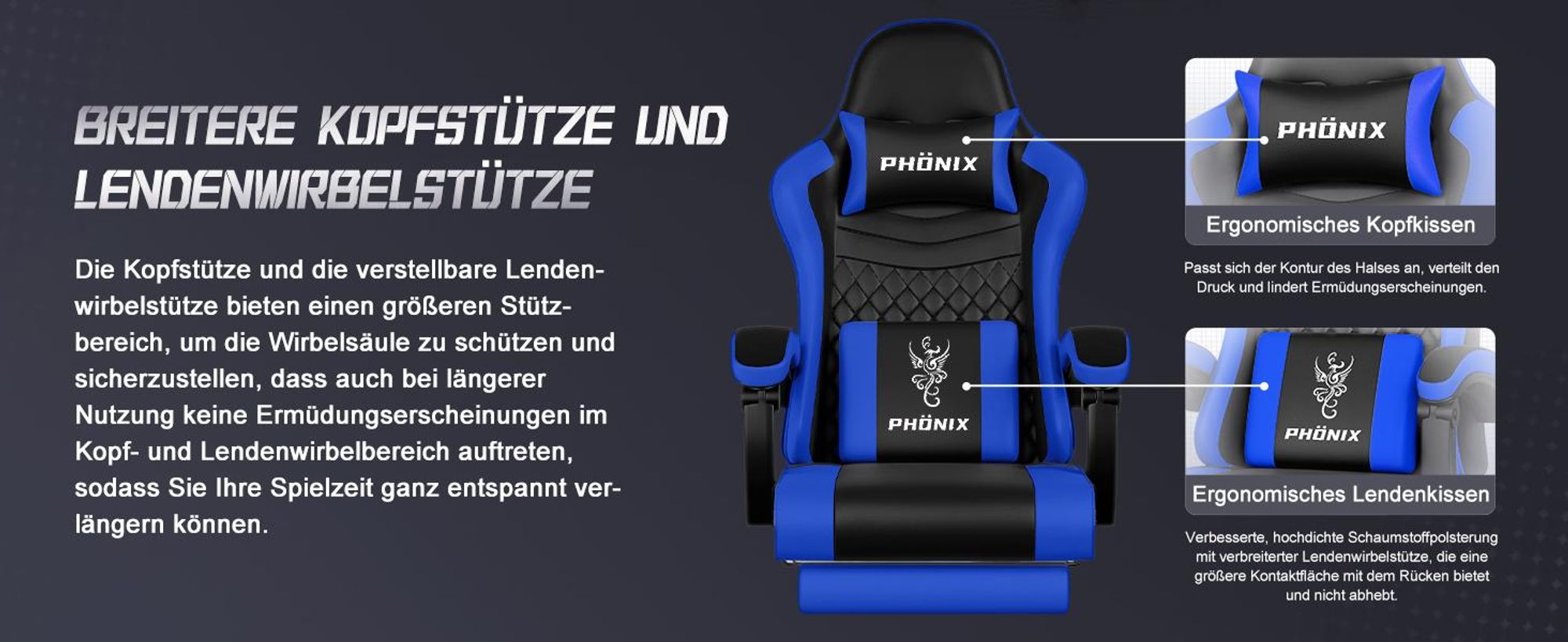 Aiibot Gaming Stuhl, Ergonomischer Gaming Sessel,Schreibtischstuhl,Gamingstuhl mit Fußstütze,Gaming stuhl 150 kg,verstellbare Rückenlehne,Schwarz/Blau