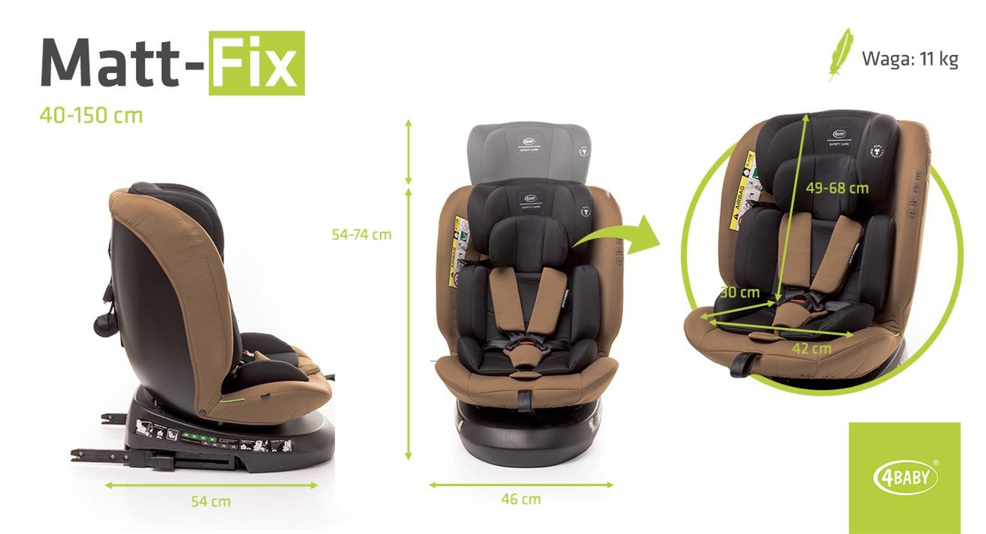 4BABY Kindersitz drehbar 360 ISOFIX Matt-Fix I-SIZE verstellbare Kopfstütze Sitz 0-36kg, 40-150 cm Mokka