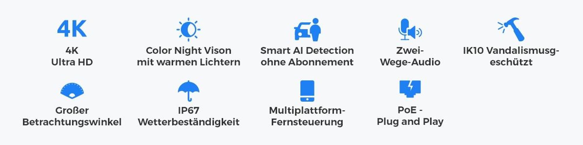 Reolink RLK8-800V4 Überwachungssystem, 4X 4K 8MP IK10 PoE Überwachungskamera & 8CH 2TB HDD NVR, 125° Weitwinkel, Smarte Erkennung, Farbnachtsicht