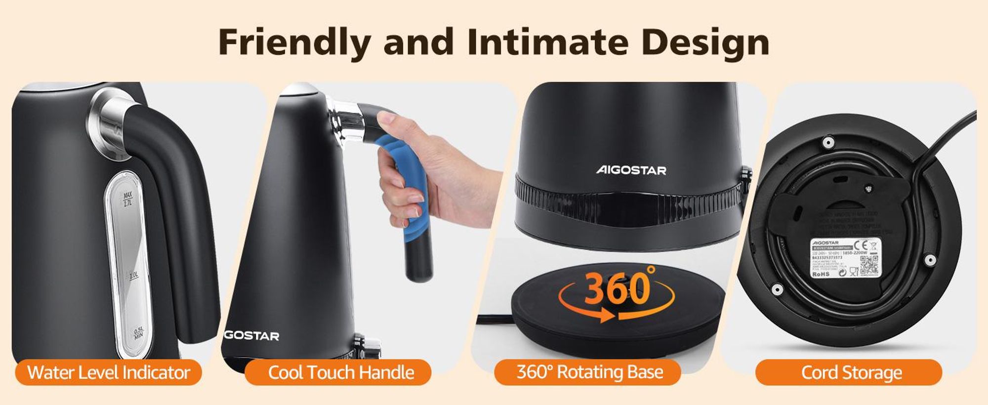 Aigostar - 1,7 Liter 2200W Digitaler Edelstahl Wasserkocher mit Temperatureinstellung 40-100℃, Schwarz