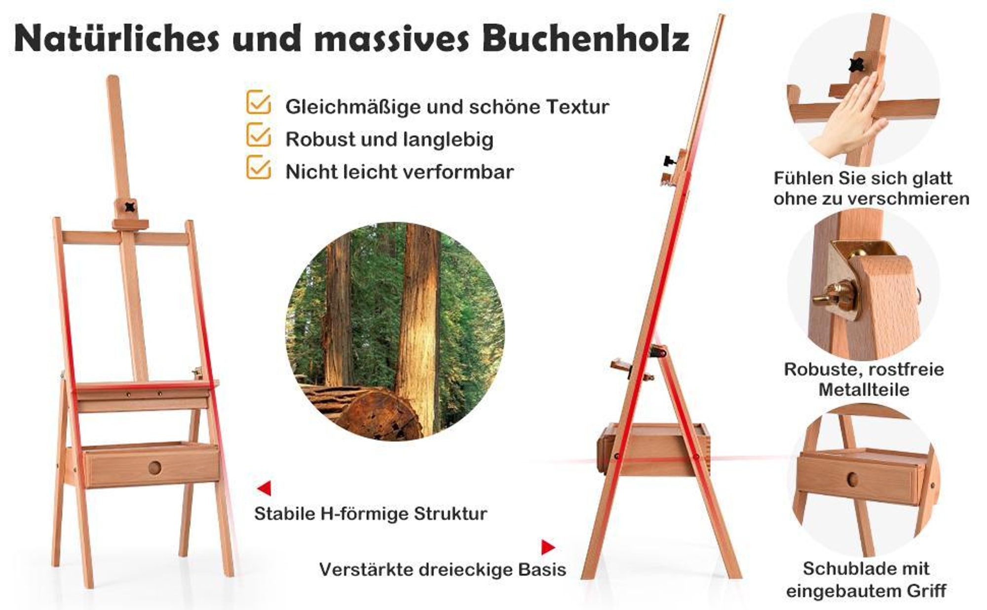 COSTWAY Staffelei mit Ablage & Schublade, Standstaffelei verstellbar, Bodenstaffelei bis 92cm, Buchenholz