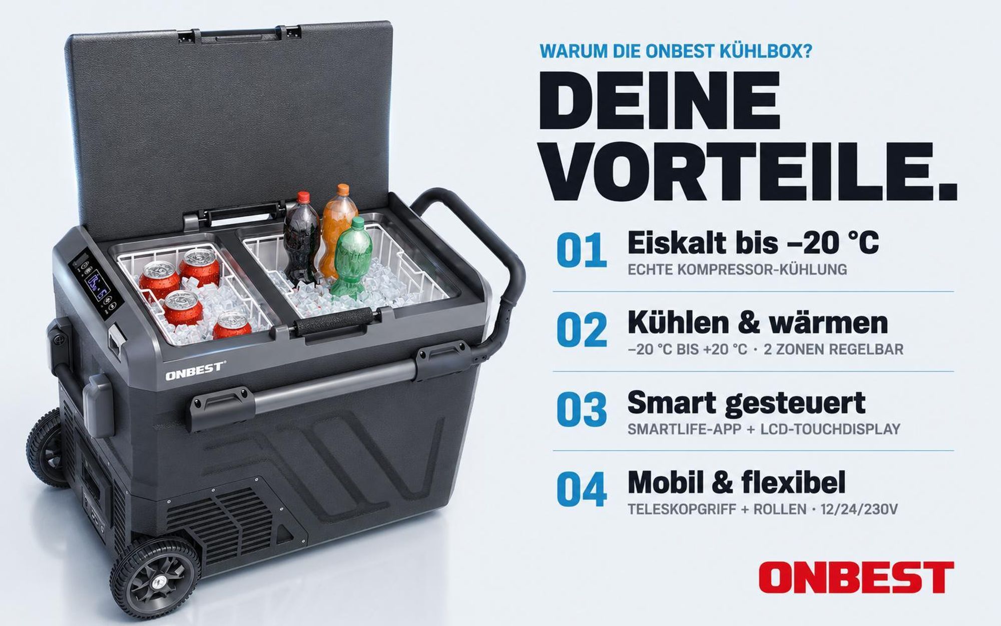 ONBEST Kompressor Kühlbox | 40L | 12V | 230V | mit App-Steuerung | Touchdisplay | Rollen | USB-Anschlüsse | LED | 4 x Trinkbecher