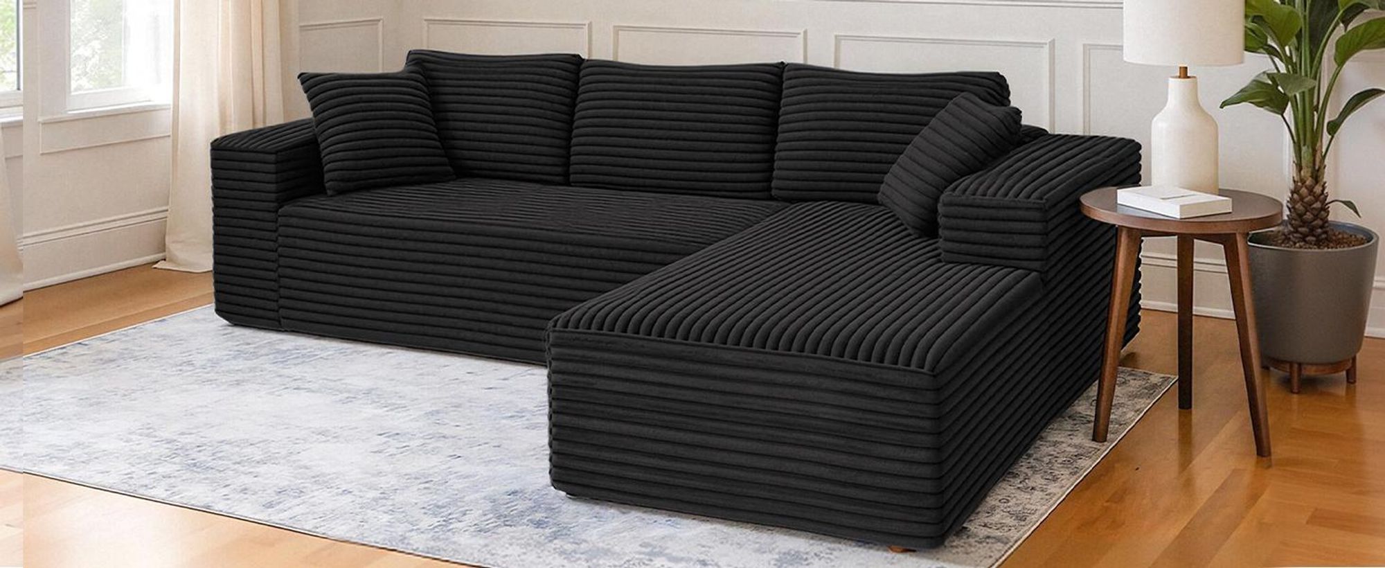 COMHOMASofa Divano grande, divano a L, divano angolare, divano letto chaise longue con seduta profonda e ampi braccioli, tessuto a coste, nero-L