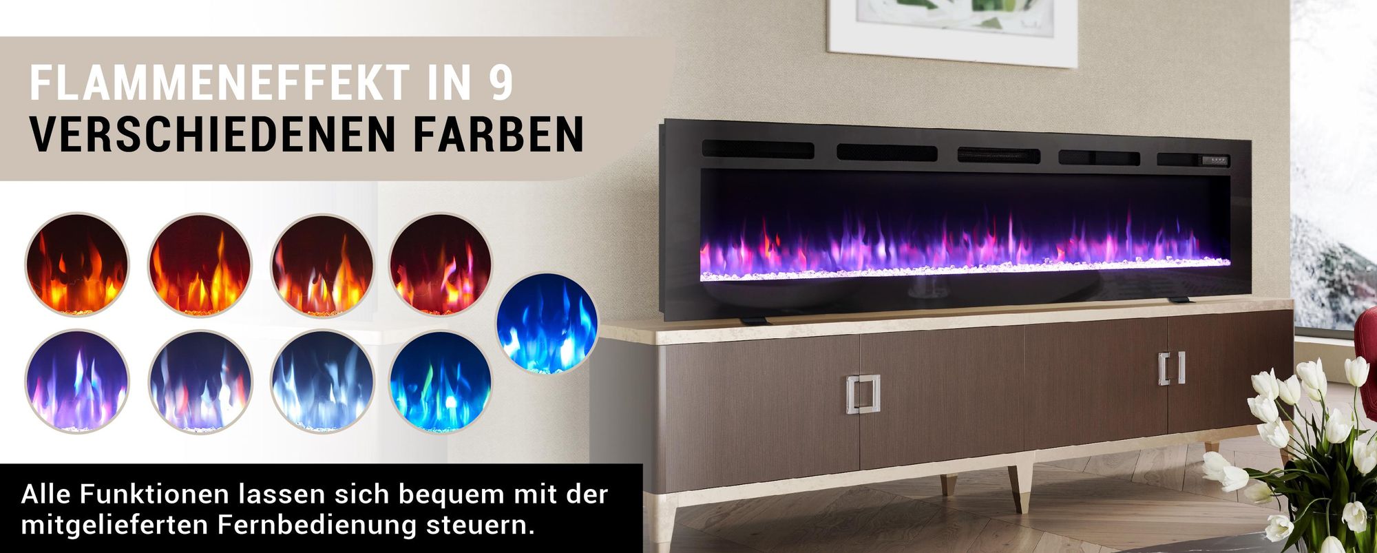 BALDERIA Elektrokamin Leif 60" | 3in1 Stand-, Wand- oder Einbaukamin, LED 3D-Flammeneffekt, dimmbar, mit Heizung 1800W, Timer, Thermostat, Startsteuerung, Offene-Fenster-Erk, Fernbedienung | Schwarz