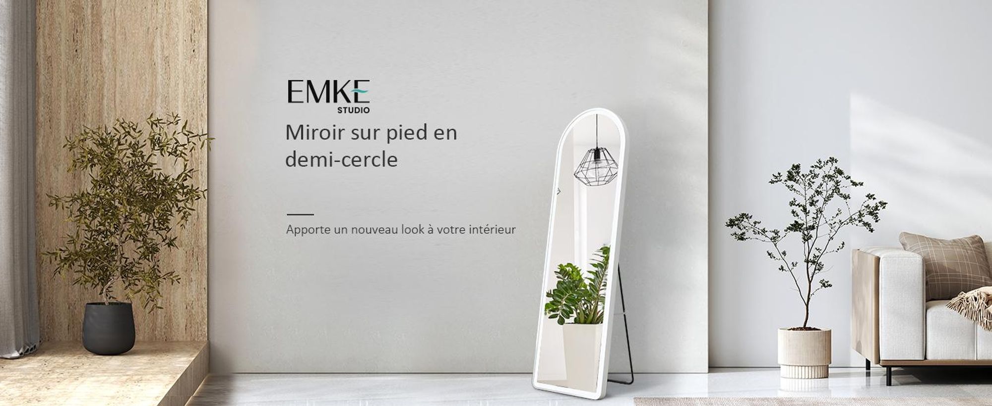 EMKE Miroir intégral 3 couleurs de lumière et luminosité réglable Miroir sur pied, interrupteur tactile, fonction mémoire Miroir d'habillage bombé avec cadre blanc, 147×45cm