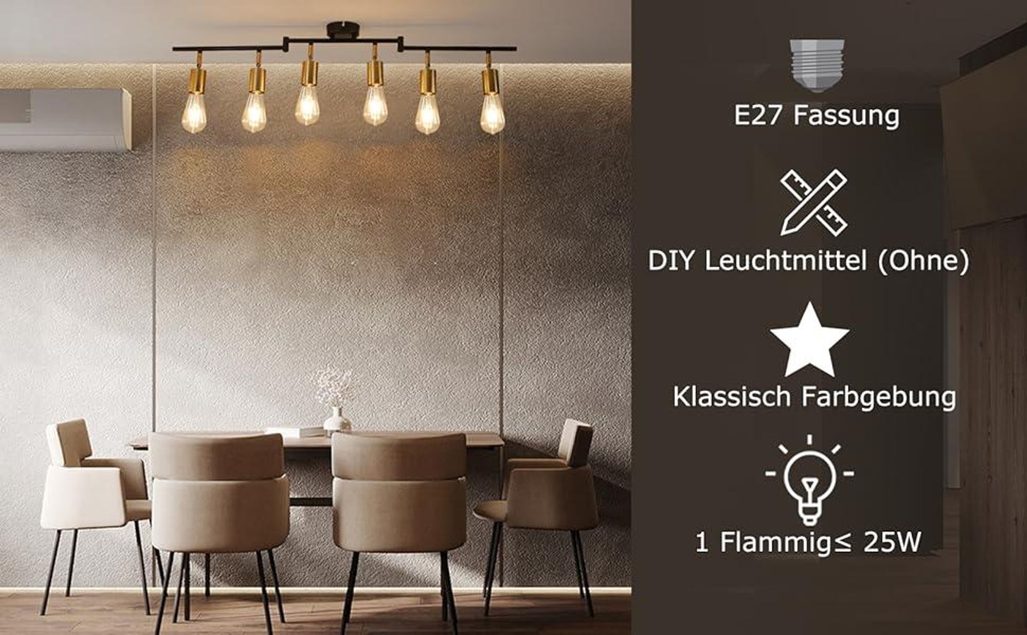 ZMH Deckenleuchte Schwarz Wohnzimmer Deckenstrahler mit 6 Flammig E27 Retro Metall für Schlafzimmer Küche Ohne Leuchtmittel