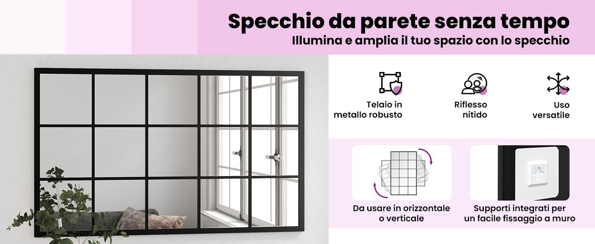 vidaXL Specchio da parete nero 100x60 cm in metallo