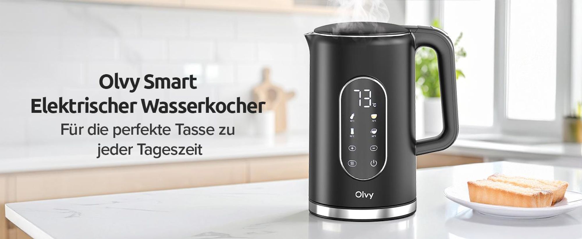 Olvy Wasserkocher mit Temperatureinstellung 1,7L – LCD-Display, 2200W, BPA-frei, Warmhaltefunktion, Kalkfilter, Temperaturwahl 40–100°, Edelstahl