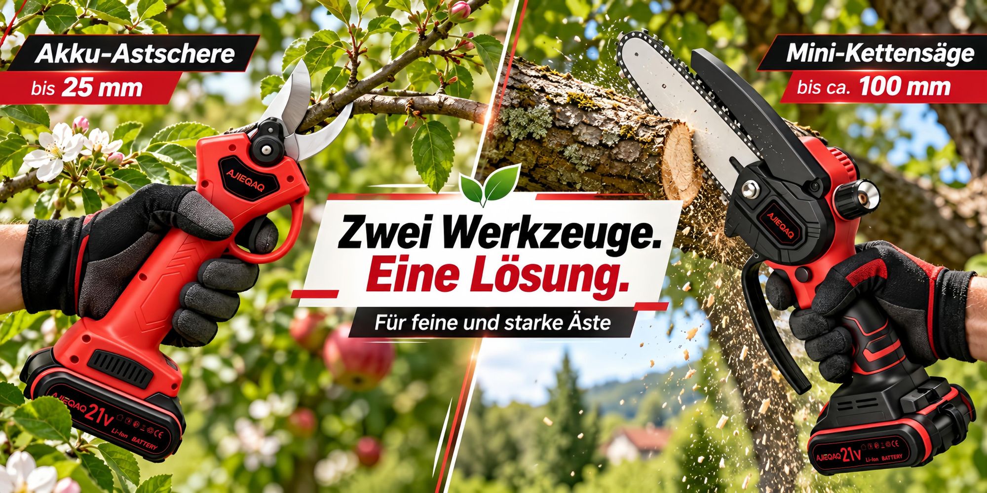 21V 2-in-1 Akku Gartenschere & Mini Kettensäge, Brushless Akku Astschere/Baumschere, 25 mm SK5, 6 Zoll Akku Kettensäge, 2×2,0Ah Akkus