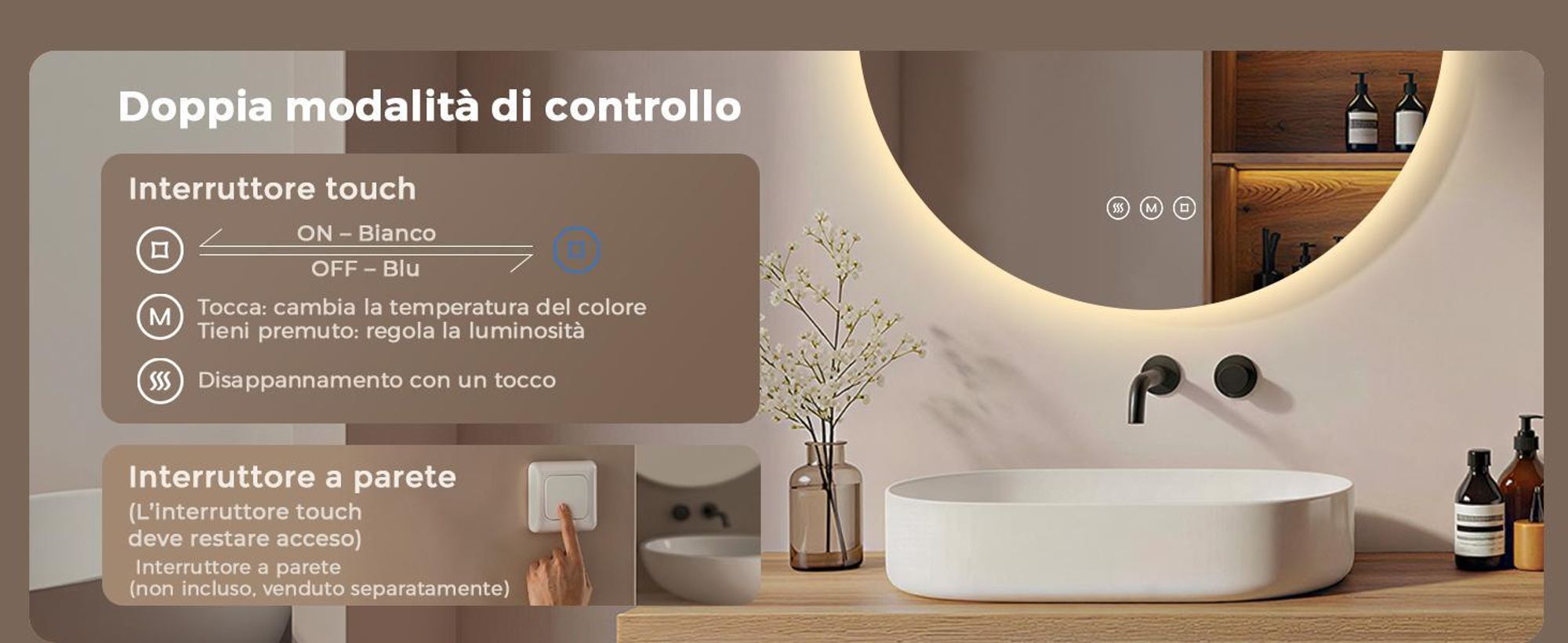 Specchio da bagno con illuminazione, rotondo, 80 cm, S'AFIELINA LED, intensità regolabile, 3 tonalità di luce, antiappannamento, comando touch, funzione di memorizzazione, IP65, impermeabile per il bagno
