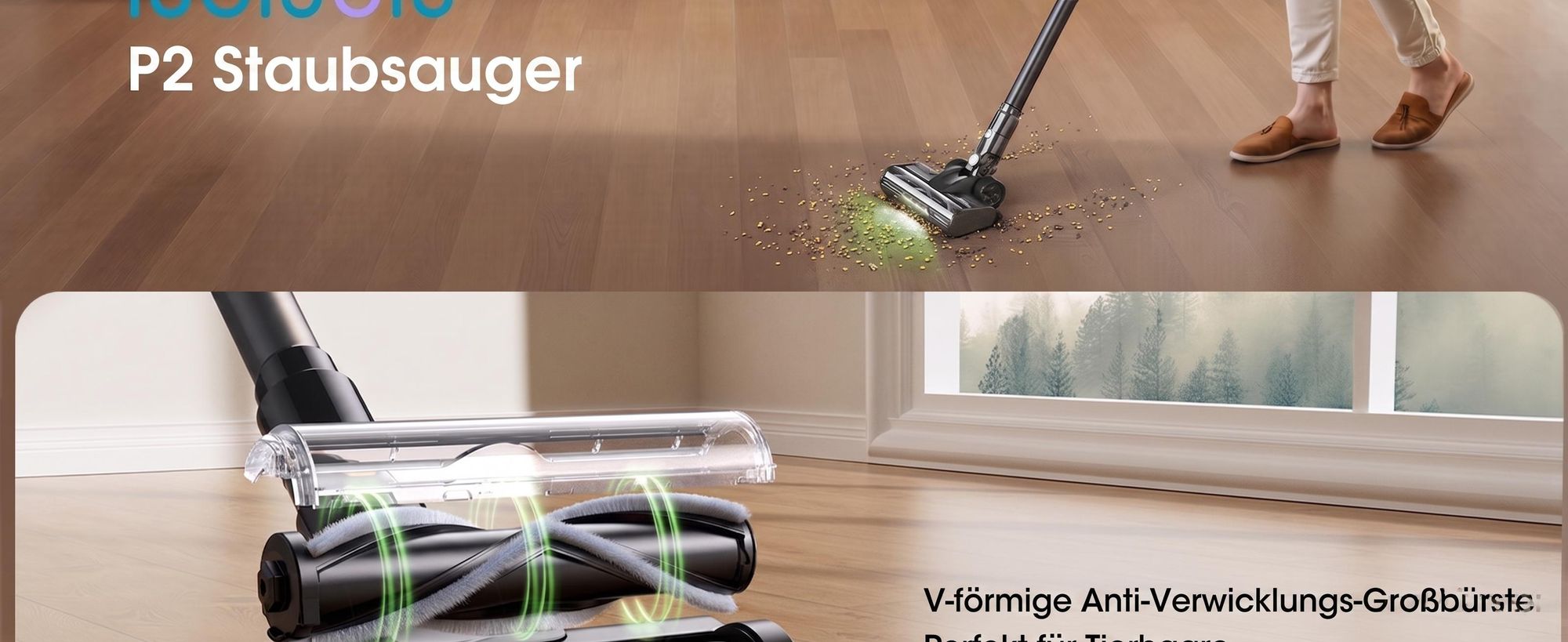 Lubluelu Akku-Staubsauger 75000 Pa, Anti-Haar-Verwicklungsbiürste, Grüne Beleuchtung, Freistehend, Für Tierhaare, Teppiche & Hartböden, P2 Schwarz