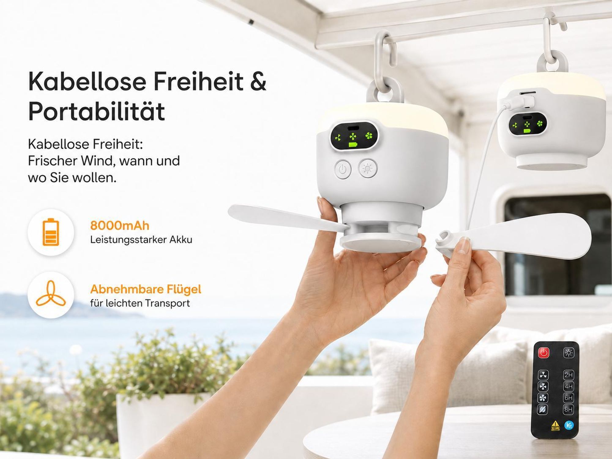 Ø27cm Mobiler Akku Deckenventilator mit Licht 8000mAh USB-C Ventilator 4 Stufen & Timer Tragbarer Zeltventilator für Camping RV Outdoor & Wohnmobil