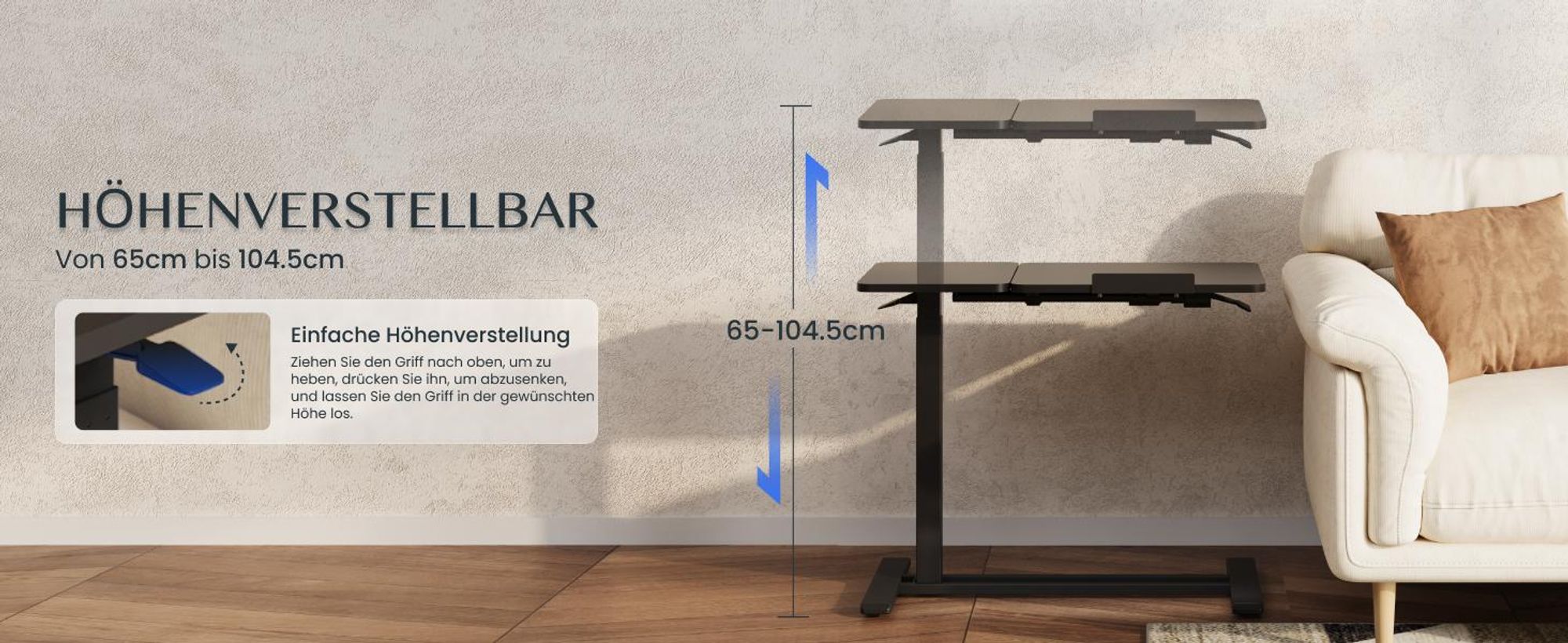 FLEXISPOT Beistelltisch Höhenverstellbar 80x40cm Laptoptisch mit Neigbarer Desktop, Betttisch mit Rollen, für Wohnzimmer und Schlafzimmer, Schwarz