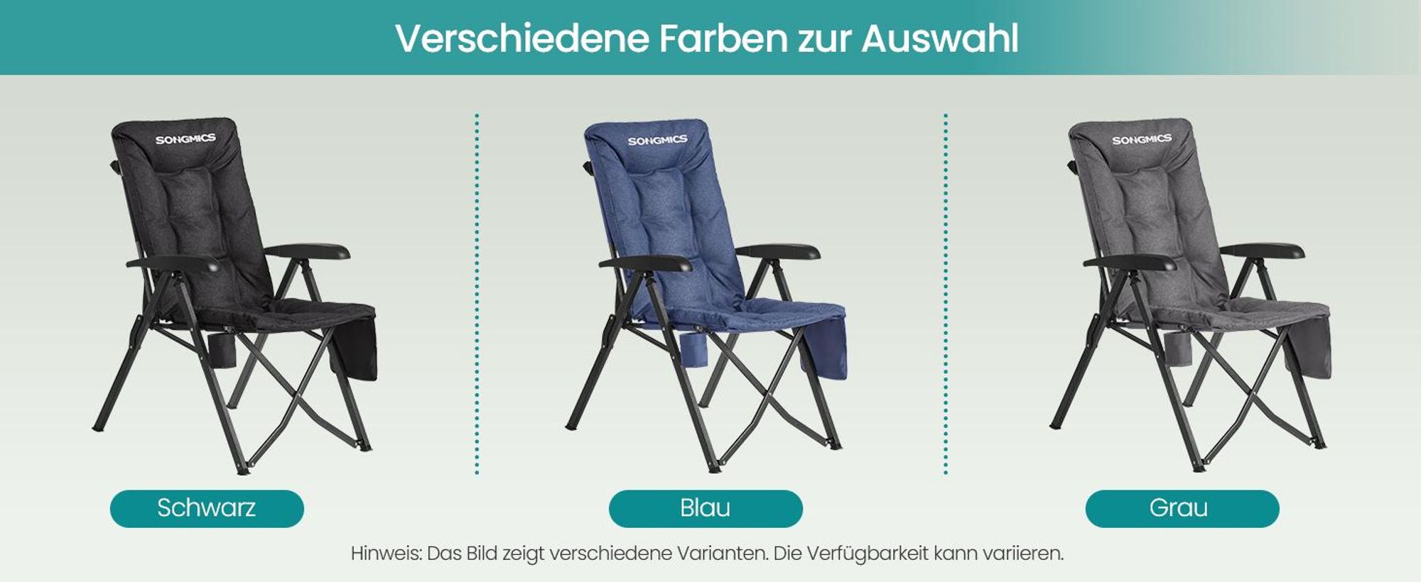 SONGMICS Campingstuhl, verstellbare Rückenlehne 95°-150°,  6 cm Polsterung, Tragetasche, Angeln, Garten, Camping, schwarz