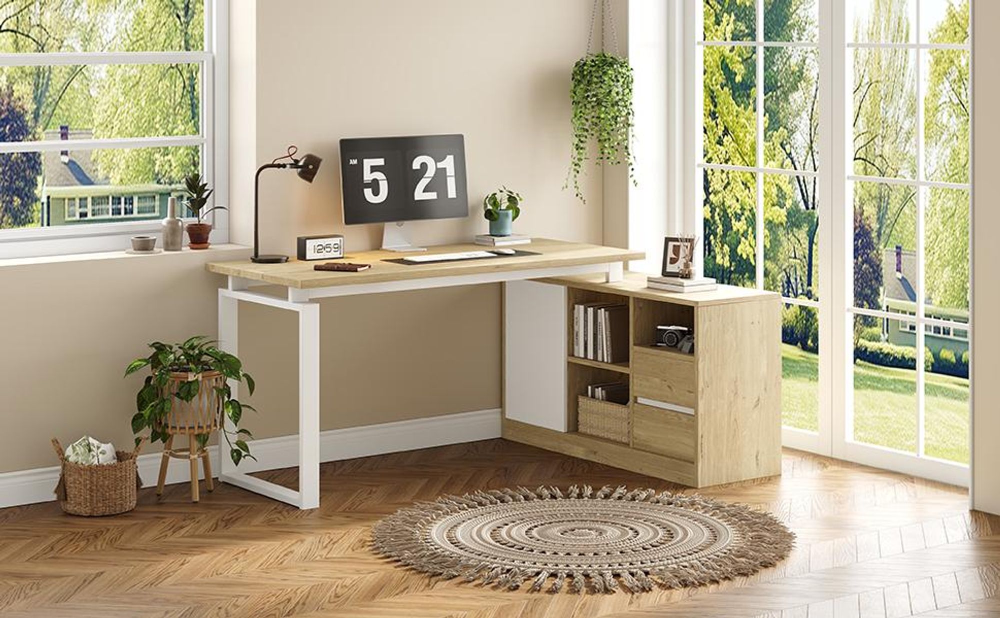 Merax L-förmiger Schreibtisch mit Stauraum, Eckschreibtisch mit 2 Schubladen, offenen Ebene und Tür, Computertisch, Bürotisch für Home Office, Natur