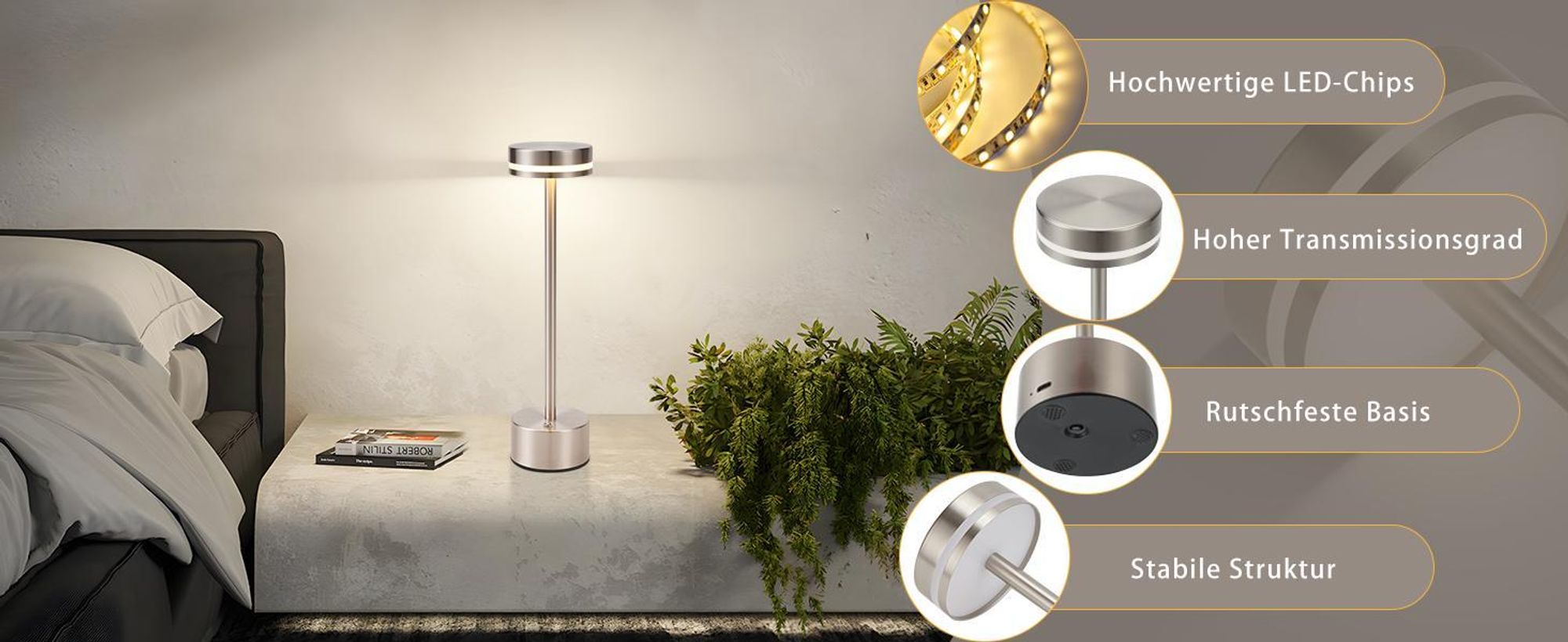 ZMH Tischleuchte Akku LED Tischlampe Kabellos Nachttischlampe Dimmbare mit USB-C Touch Lampe 3000K-6500K Silber Tischlampen für Schlafzimmer Esszimmer Büro