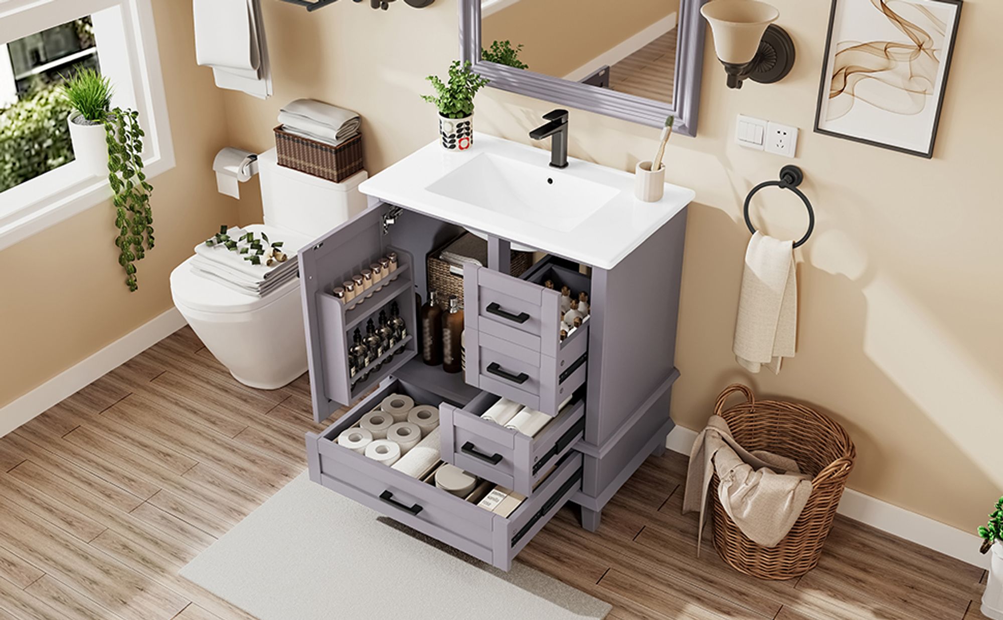 Flieks Badezimmerschrank mit Waschbecken aus Keramik, Waschbeckenunterschrank mit 3 Schubladen und 1 Tür, 76x46x83.5 cm, grau