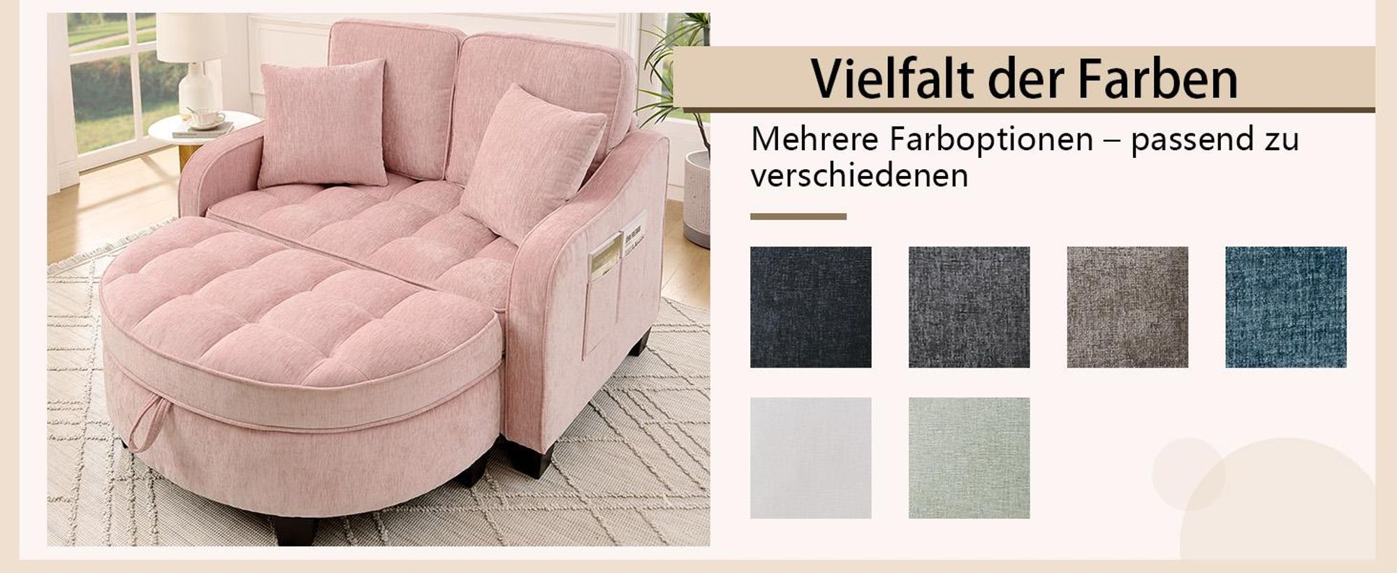 MODFU Multifunktionales Sofa Schlafsofa mit Aufbewahrungs-Hocker,Relaxsofa mit rutschfeste Kunststoffbeine,Rosa