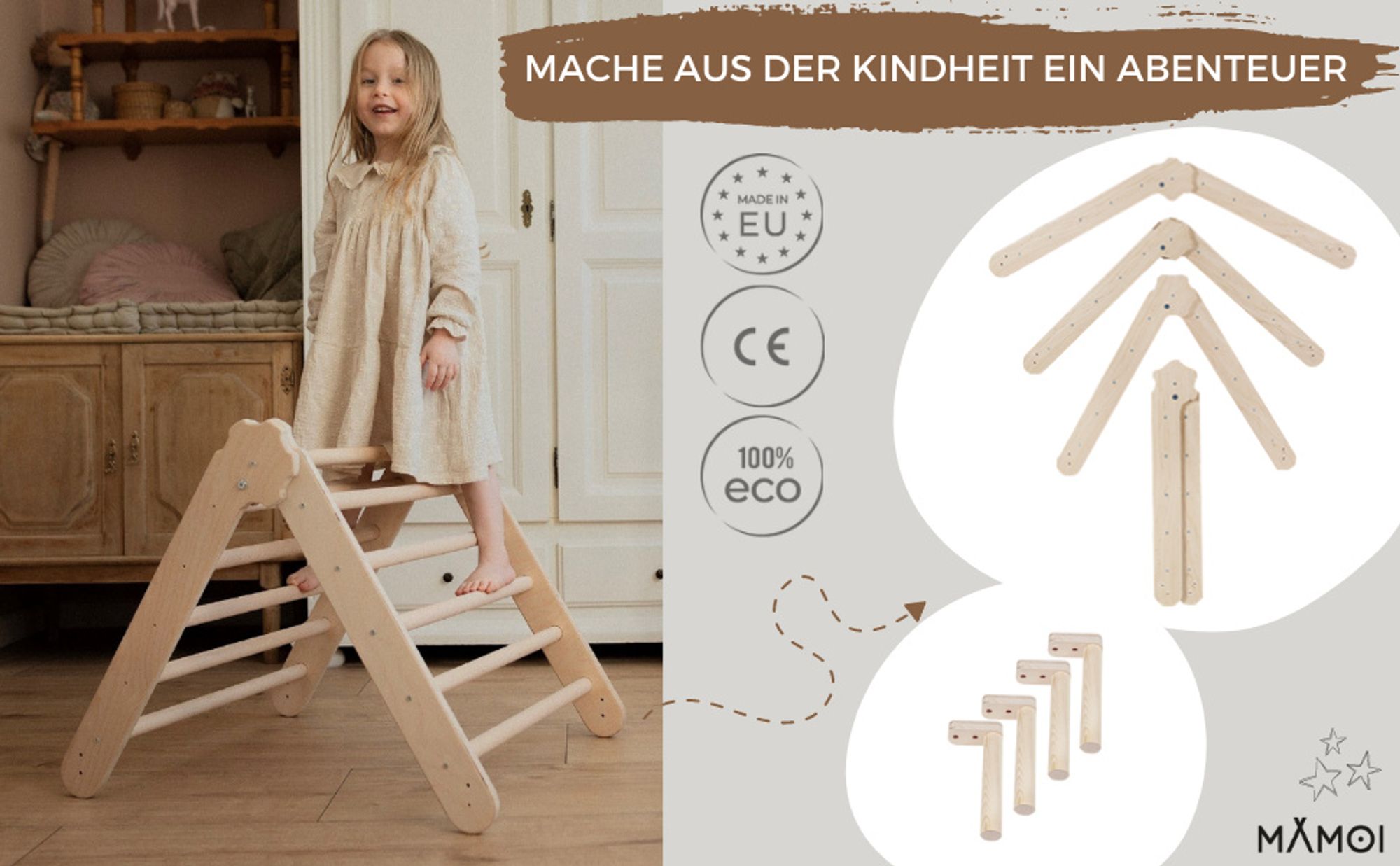 MAMOI® Klettergerüst indoor, Kletterdreieck aus holz, Baby kinder klettern, Kletterturm, Kletterbogen, Mini Holzbogen für spielplatz ab 1/2/3 jahre