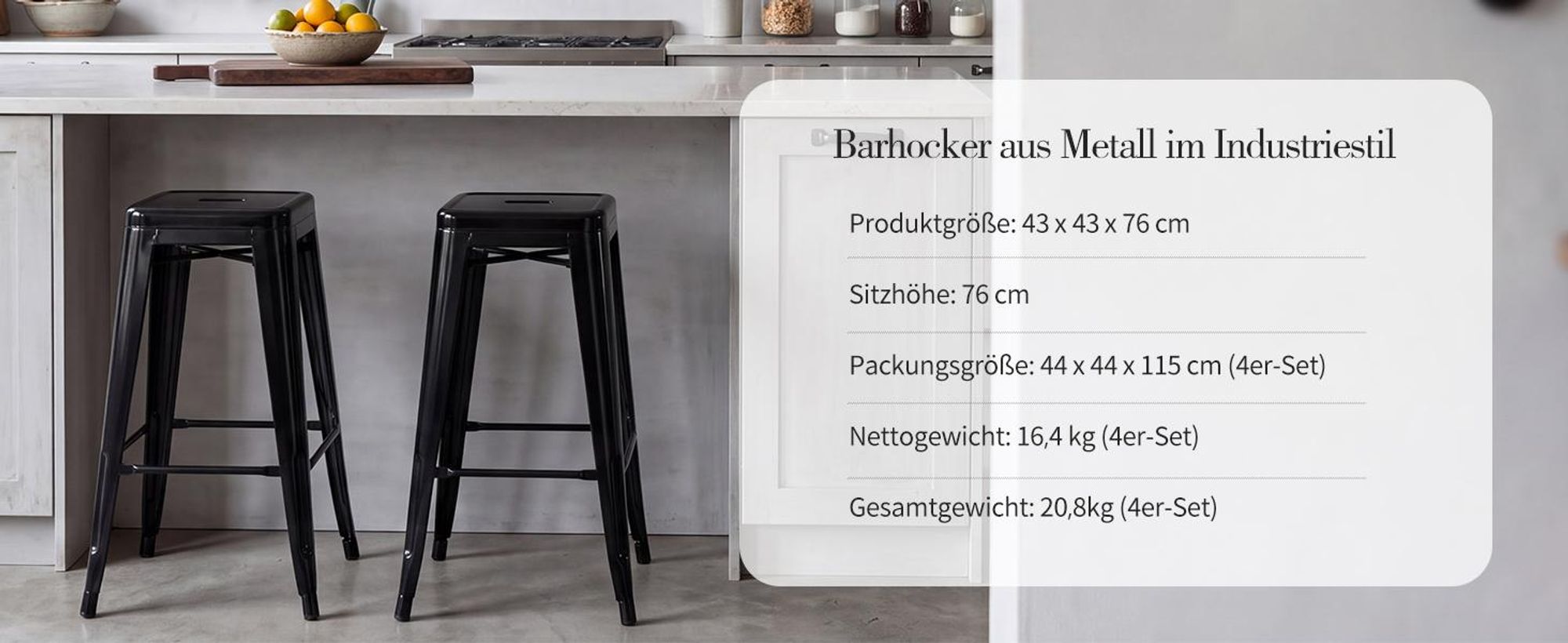 Duhome Barhocker Eisen Barstühle 4er Set, Sitzhöhe 76cm Tresenhocker, Stapelbar Metall Bistrohocker mit Fußstütze im Industry Design, Schwarz