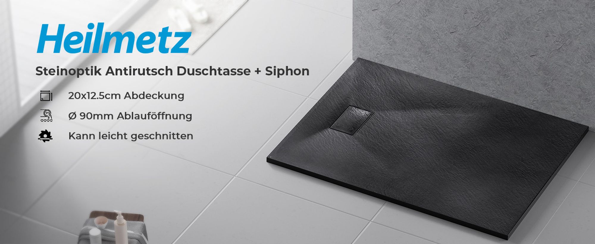 Heilmetz Duschwanne 80x80cm Duschtasse Steinoptik Rutschfeste Extraflach Langlebigem SMC Schwarz Quadratisch Brausetasse