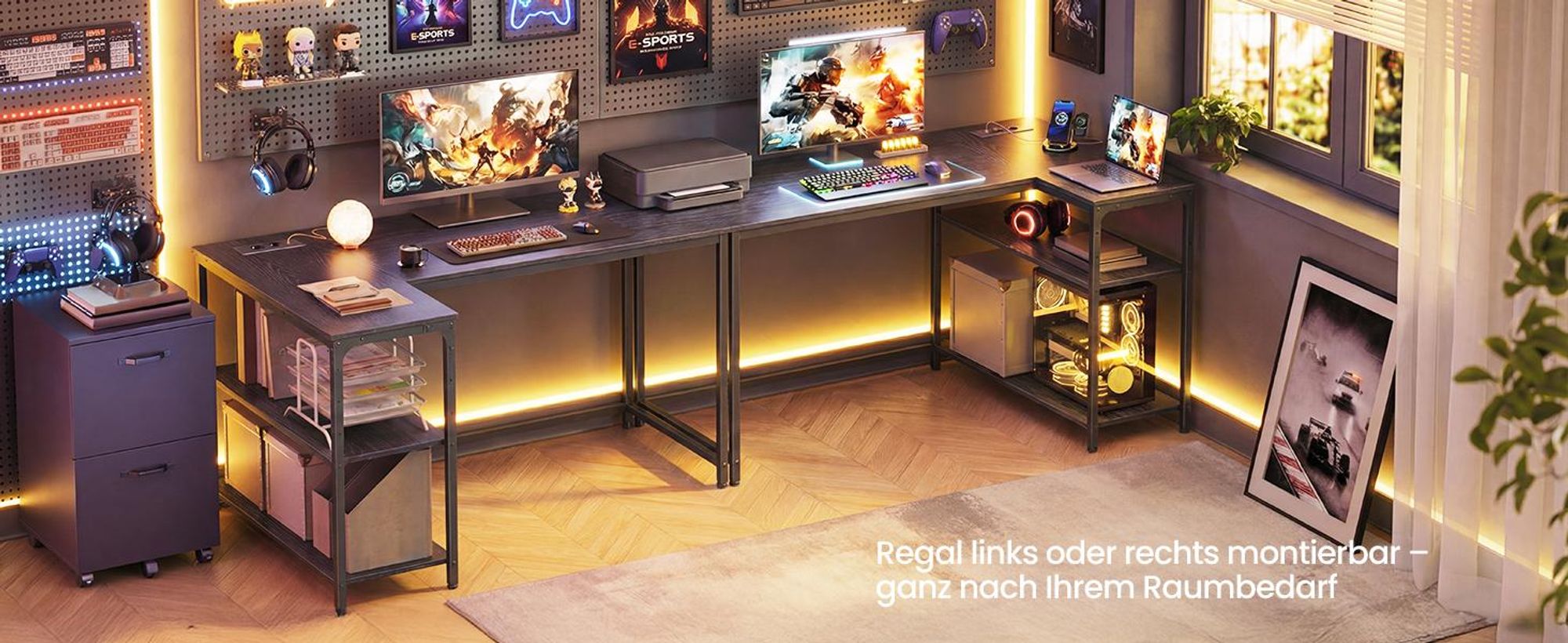 VASAGLE Schreibtisch mit Stauraum, L-Form Computertisch, höhenverstellbare Ablage, Büro, mit Ladestation, 120 x 80 cm, schwarz