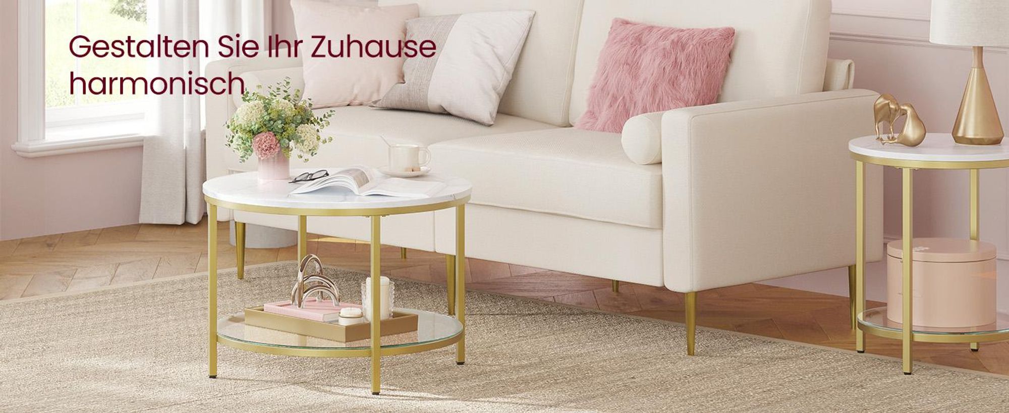 VASAGLE Couchtisch, Wohnzimmertisch, 65 x 46 cm (Ø x H), Marmorweiß-Helles Gold