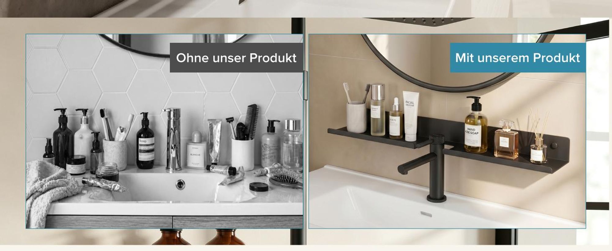 doporro Waschbecken Ablage 60 cm über dem Wasserhahn, Badezimmer Regal Montage mit oder ohne Bohren, Waschbecken-Wasserhahn-Organizer,  Grau Reglo-17