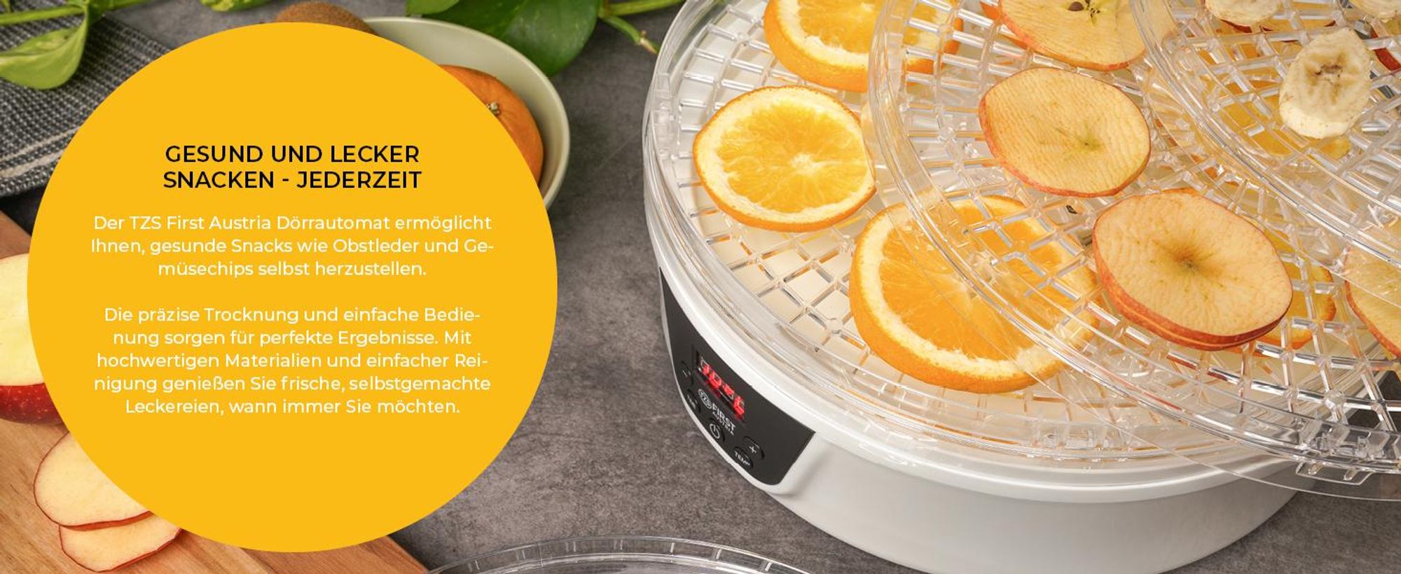 TZS First Austria Dörrgerät, Dörrautomat, mit 24h-Timer und Temperaturregler 35-70°C, 5 Etagen, BPA Frei, Obst-trockner Dörrapparat mit Zeitschaltuhr, weiß