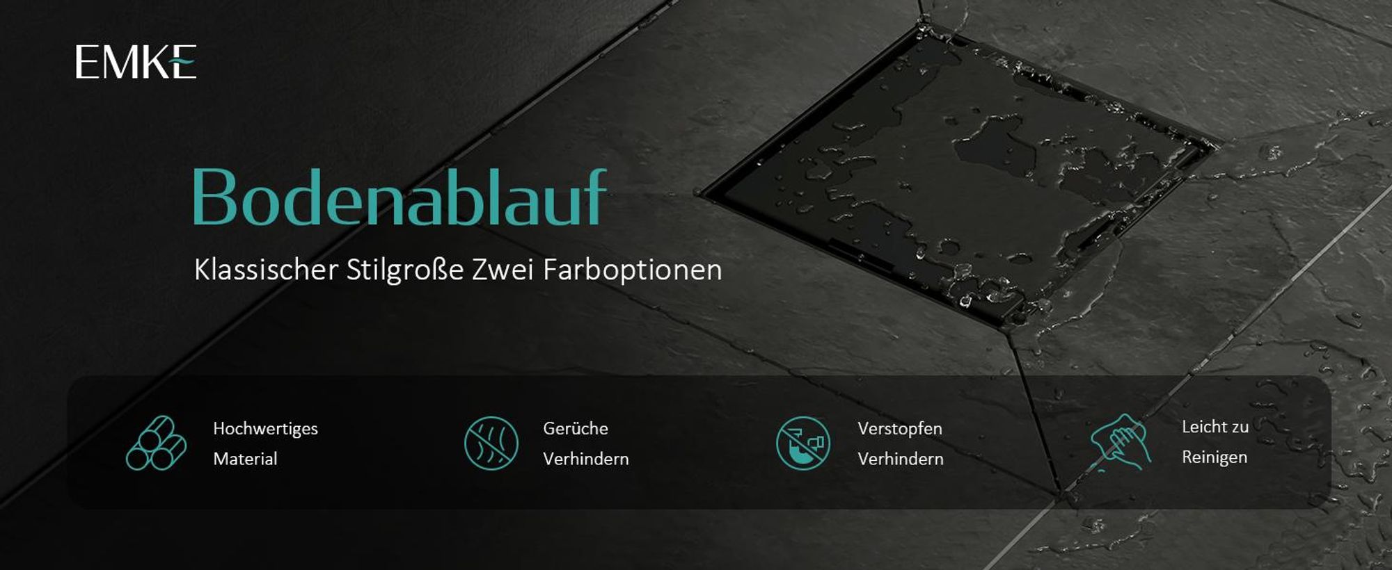 EMKE Bodenablauf Edelstahl Eck 152 x 152mm Mattschwarz Ablaufgarnitur mit Siphon Geruchsstop und Haarsieb, Duschablauf Abfluss Ablaufloch set