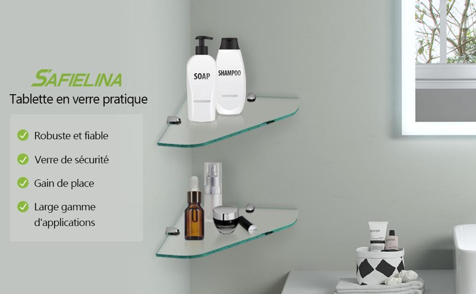 S'AFIELINA étagère en verre étagère de douche verre d'angle 6mm verre trempé étagère de douche verre pour salle de bain étagère de douche 230 x 230 mm,2 pièces