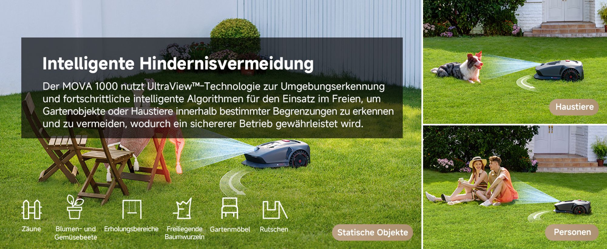 MOVA 1000 Mähroboter + Garage, UltraView, kabellose Einrichtung, bis 1000㎡, präzise Kartierung, smarte Hindernisvermeidung, App-Steuerung
