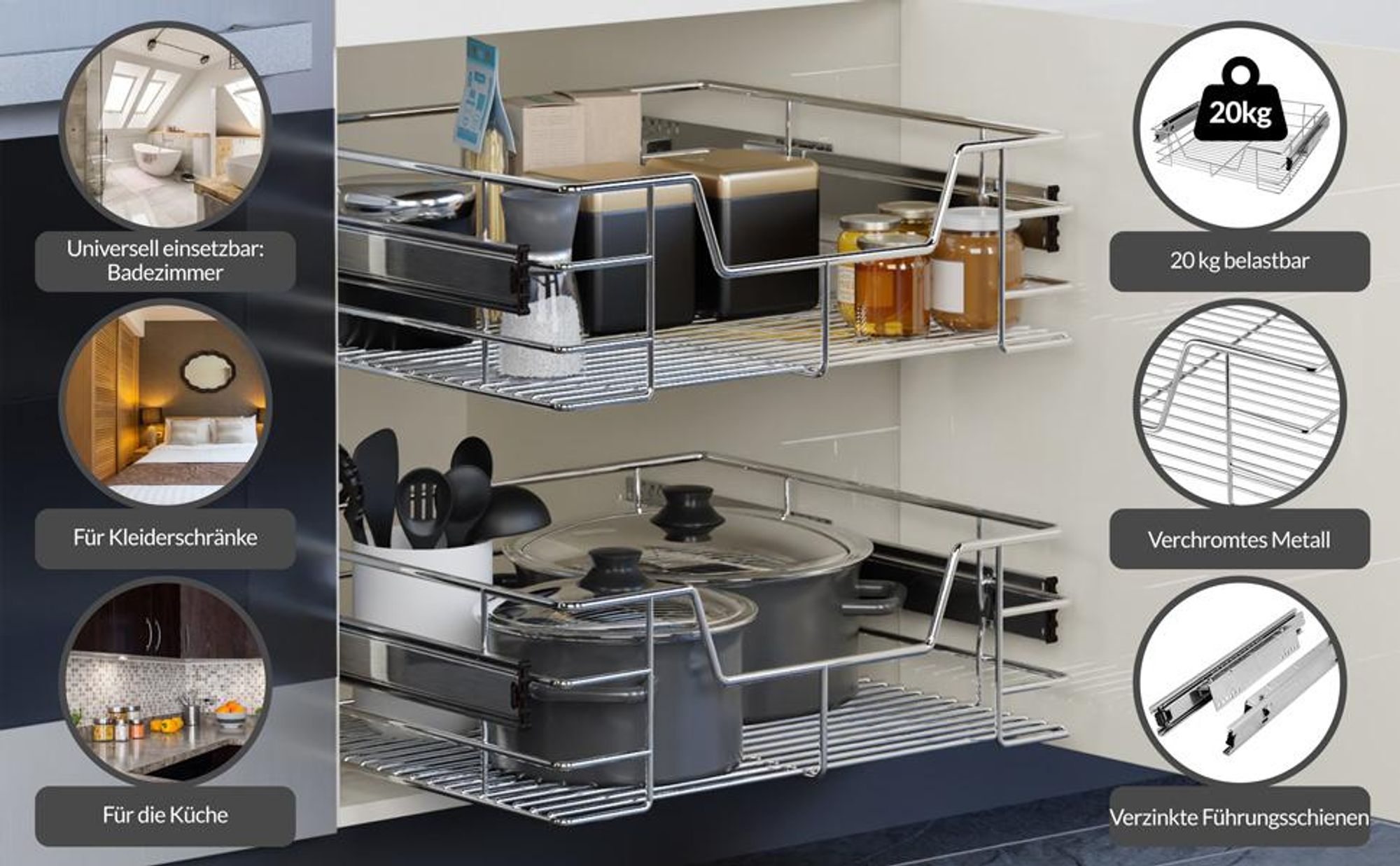 CASARIA® Teleskopschublade Ausziehbare Schublade Küche 60cm 20kg Belastbar Verchromt Korbauszug mit Zubehör Haushalt Küchenschrank Kleiderschrank