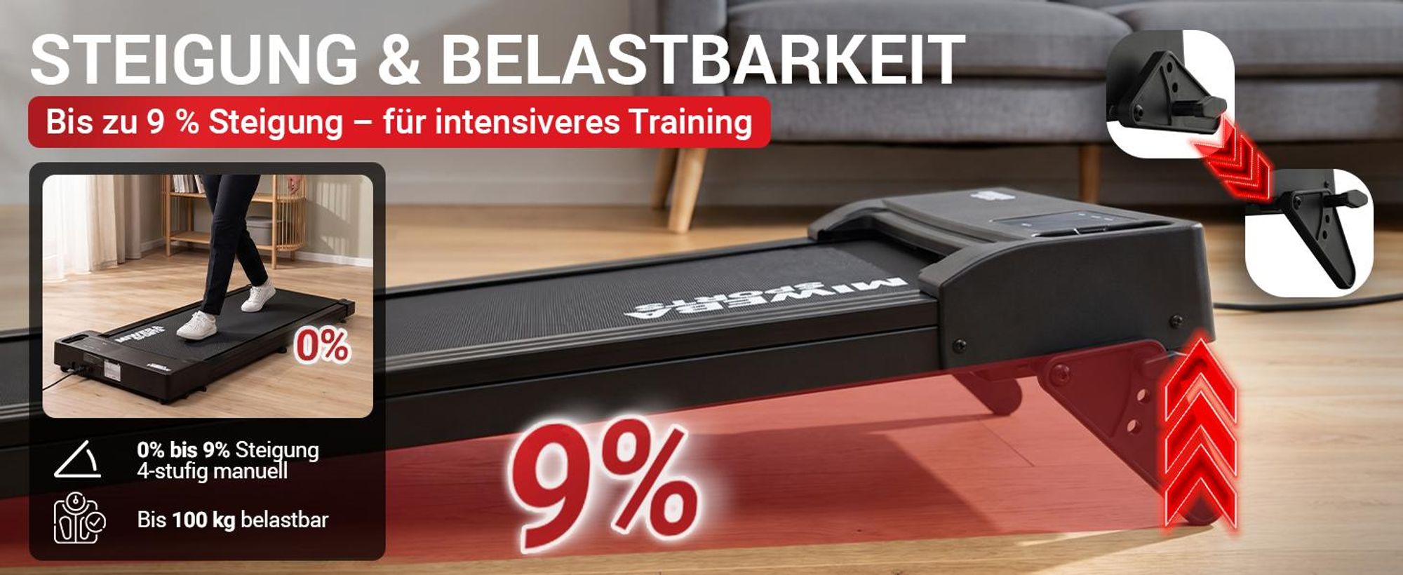 Miweba Sports Walking Pad WP80 | Laufband für Zuhause - Schreibtischlaufband 1-6 km/h - mit Fernbedienung - LED Display - 9 % Steigung - bis 100 kg