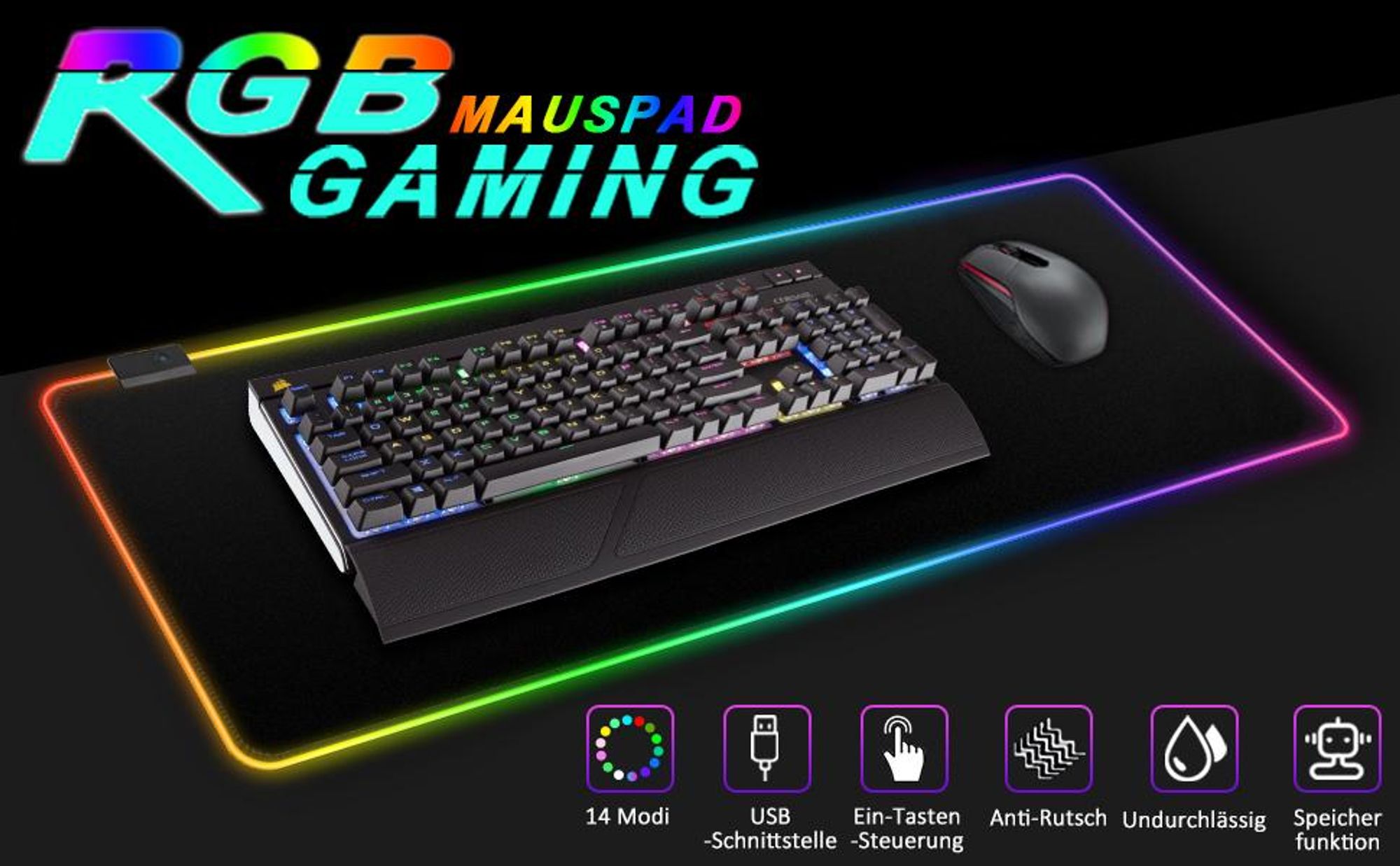 Gaming Mauspad, RGB Mousepad, 800x300mm Groß LED Schreibtischunterlage, LED Multi Color, 14 Beleuchtungs Modi