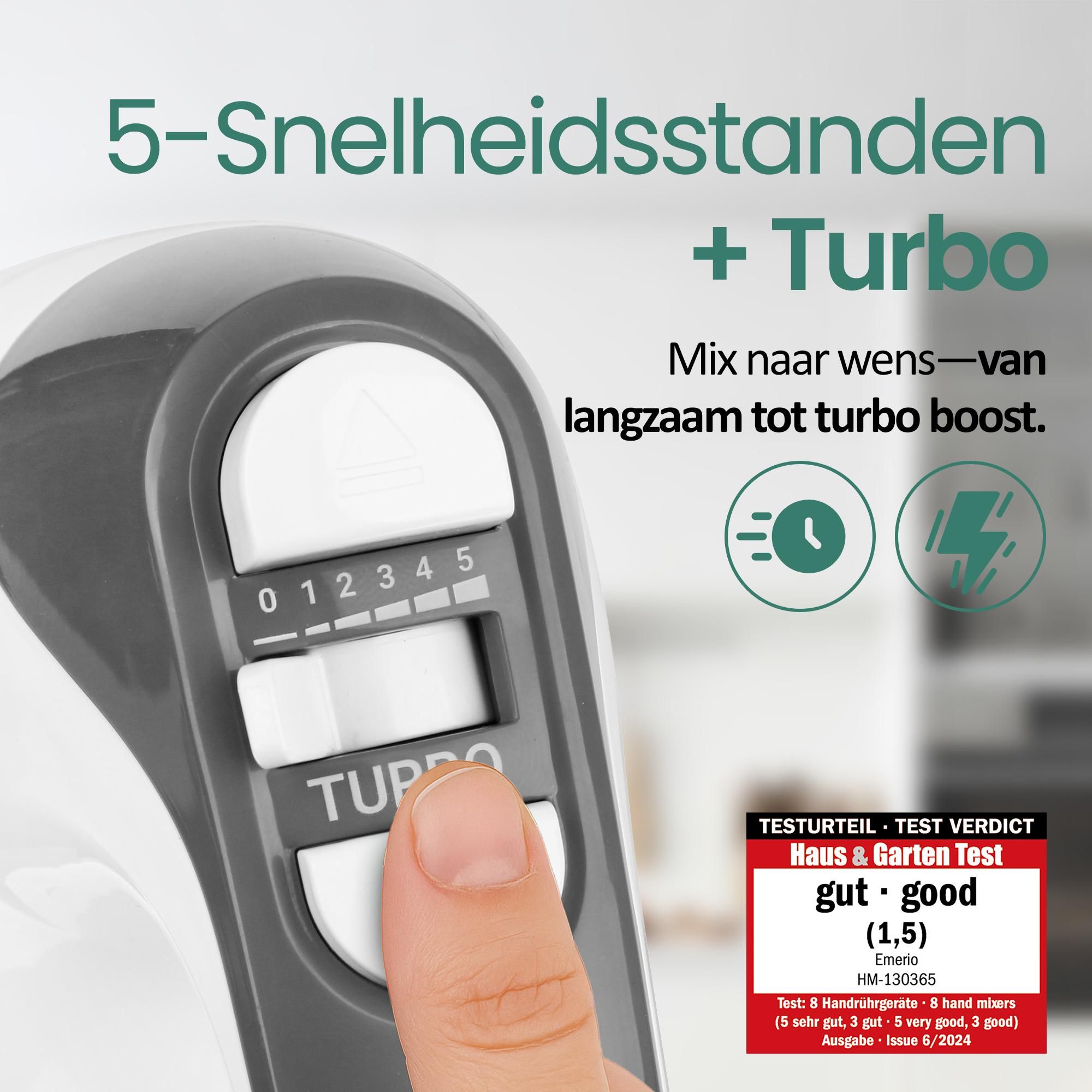 Emerio Handmixer HM-130365 – 400 W – 5 Snelheden – Turbofunctie – RVS Gardes & Kneedhaken – Wit / Grijs