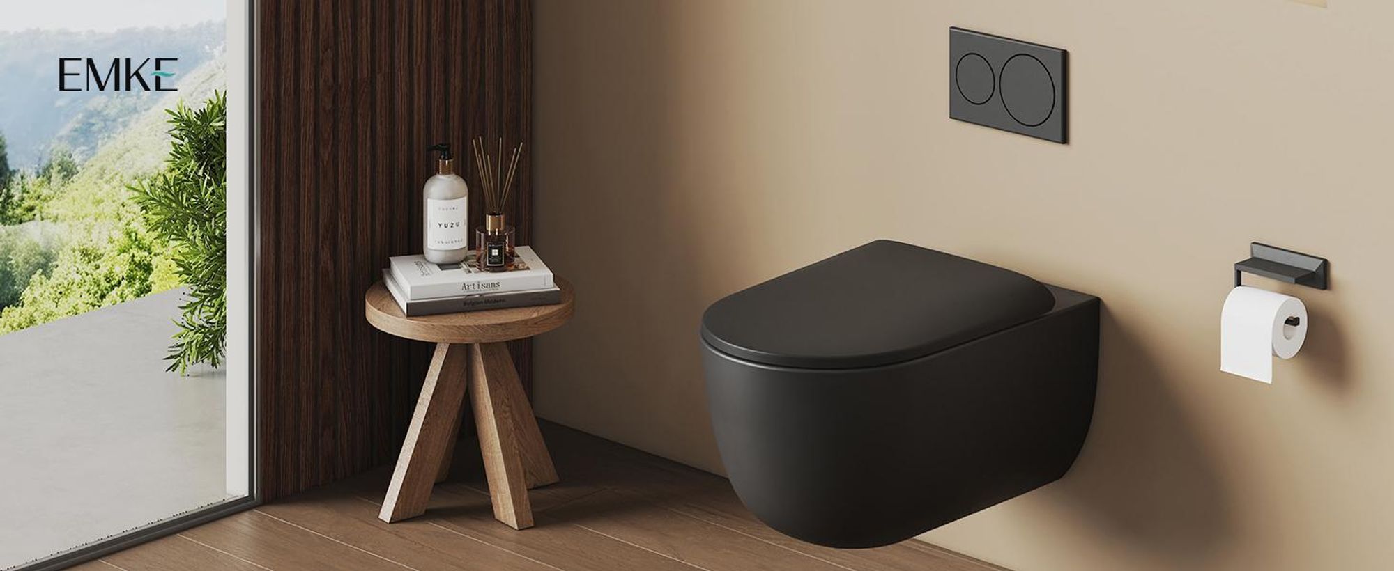 EMKE Toilettes suspendues sans rebord Céramique Économies d'eau Toilettes à fixation murale avec chasse d'eau directe Contre-rinçage à double trou Couvercle Soft-Close Noir mat