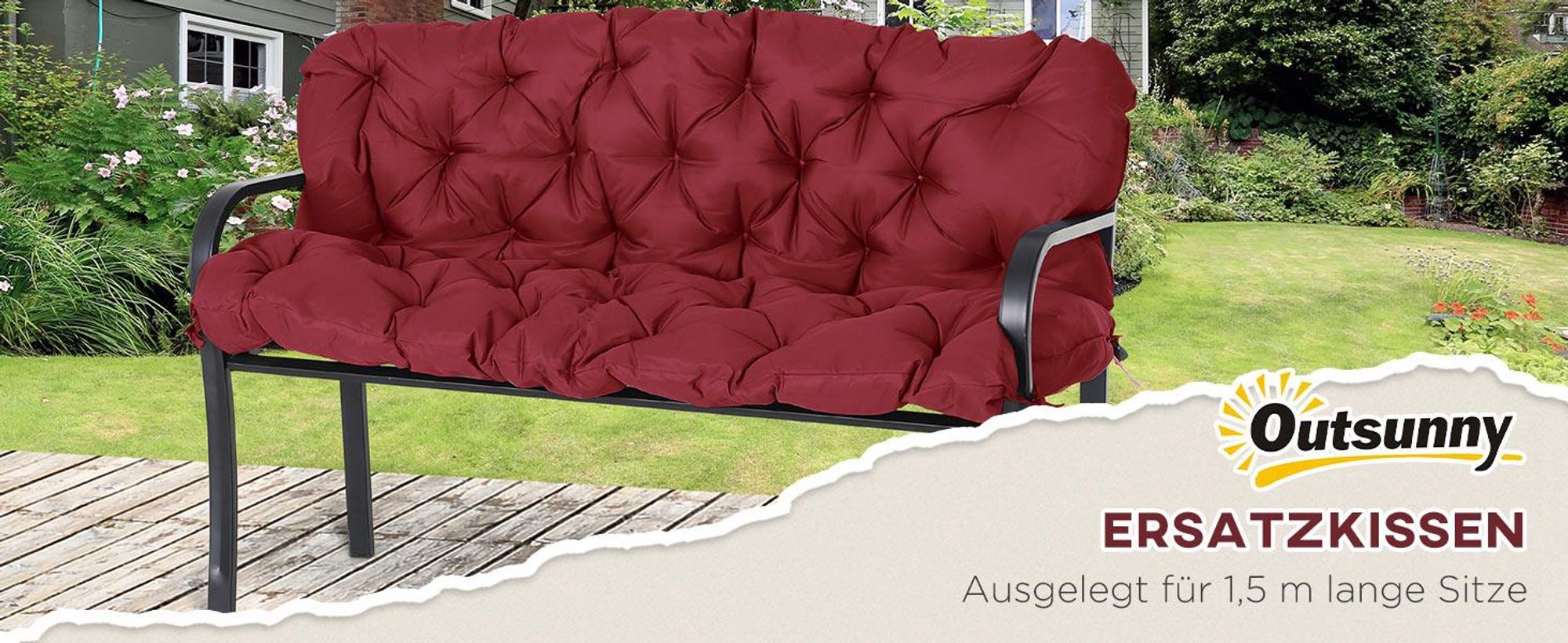 Outsunny 3 Sitzer Bankauflage 150 x 98 x 8 cm, Bankkissen mit Bändern, Sitzkissen, Outdoor/Indoor Stuhlkissen, Sitzauflage, Sitzpolster für Gartenmöbel, Fensterbank Sitzbank, Hollywoodschaukel, Rot