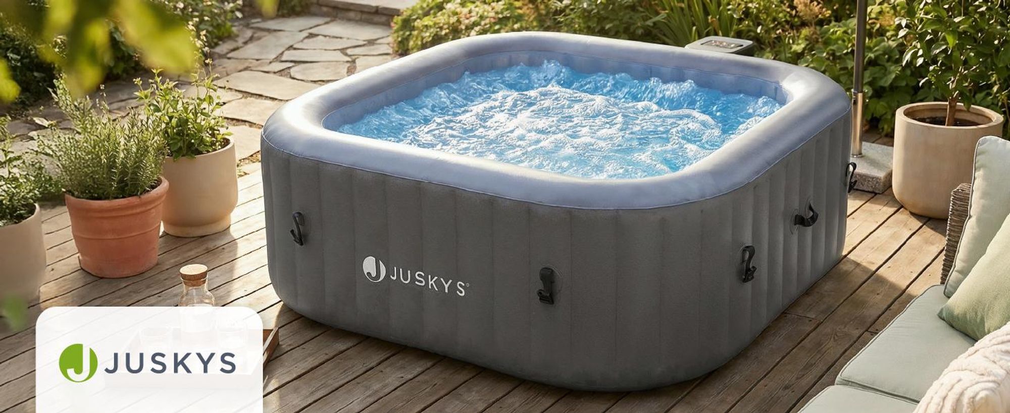 Juskys® Whirlpool SpaLuxe Grau/Blau - 3000W 130 Düsen aufblasbar 185x185x65 cm
