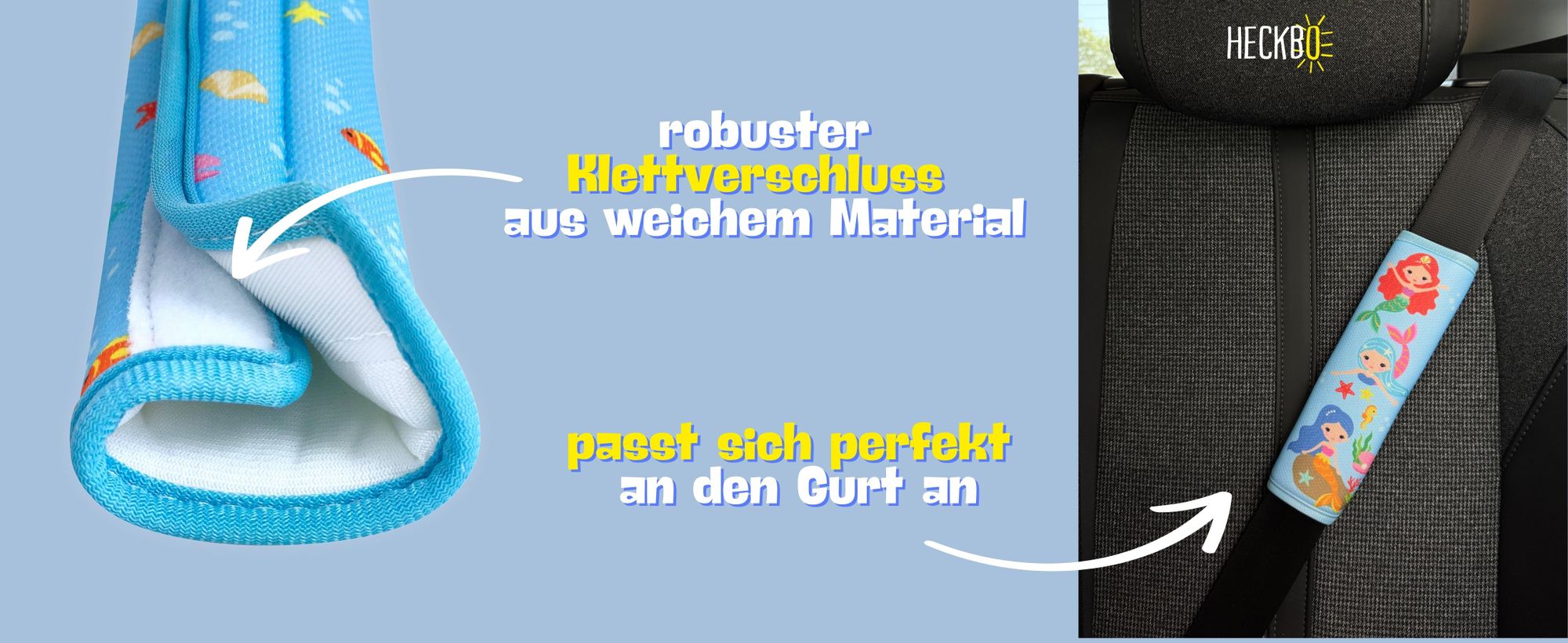 2x HECKBO® Auto Kinder Gurtschutz Sicherheitsgurt Schulterpolster Schulterkissen Autositze Fahrrad Fahrradsitz Gurtpolster mit Meerjungfrau