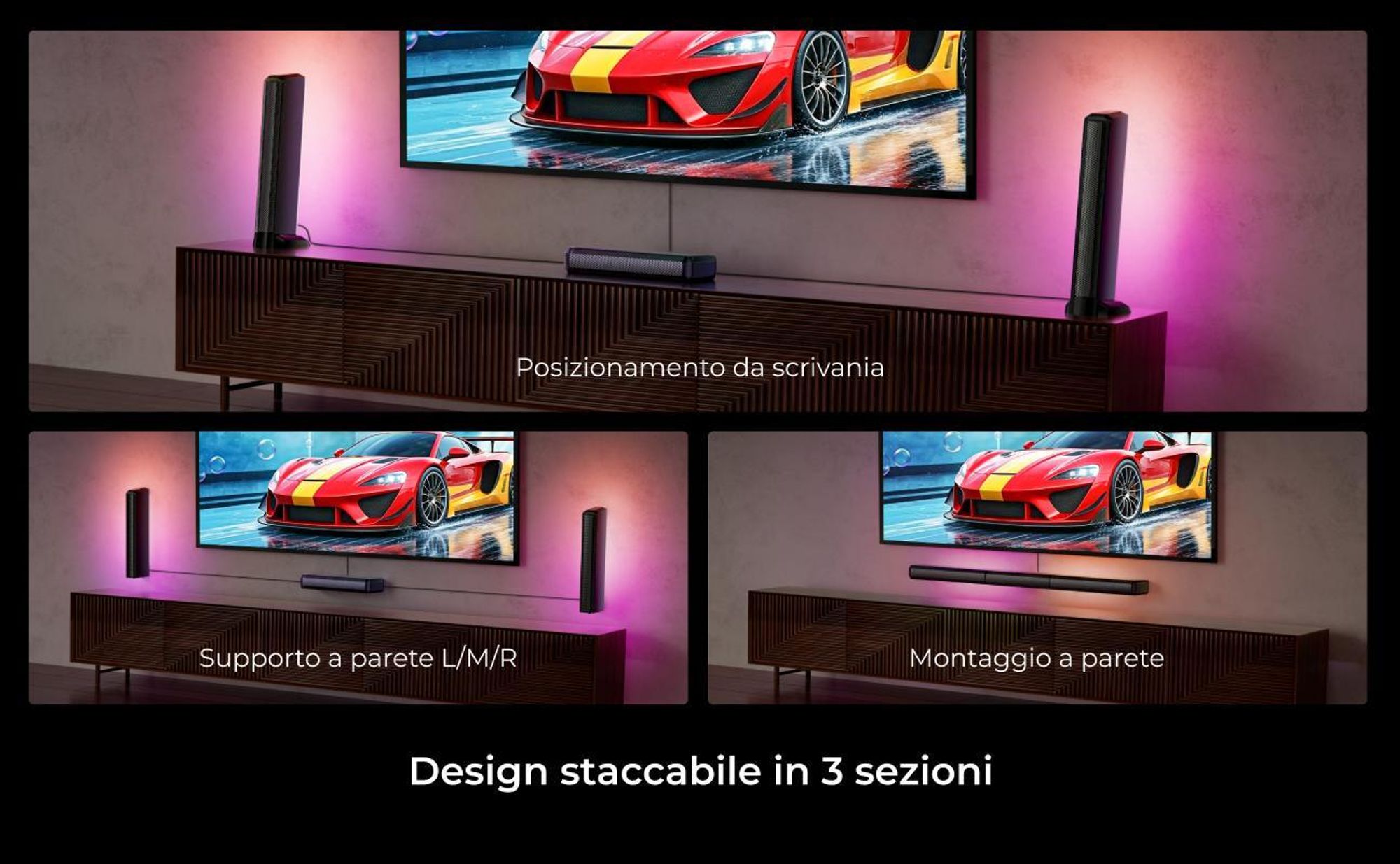 ULTIMEA Soundbar staccabile a 7,1 canali con luce RGB, sistema audio surround virtuale con subwoofer, 2 diffusori surround, 410 W