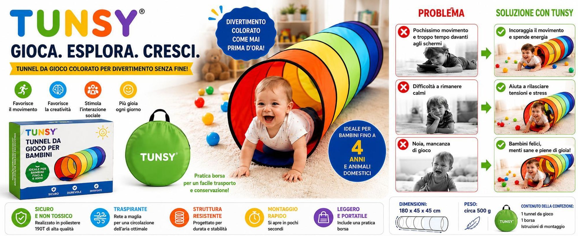 Tunnel a forma di arcobaleno 180x45x45 cm, tunnel per gattonare per bambini a partire da 1 anno, tunnel da gioco pieghevole - TUNSY