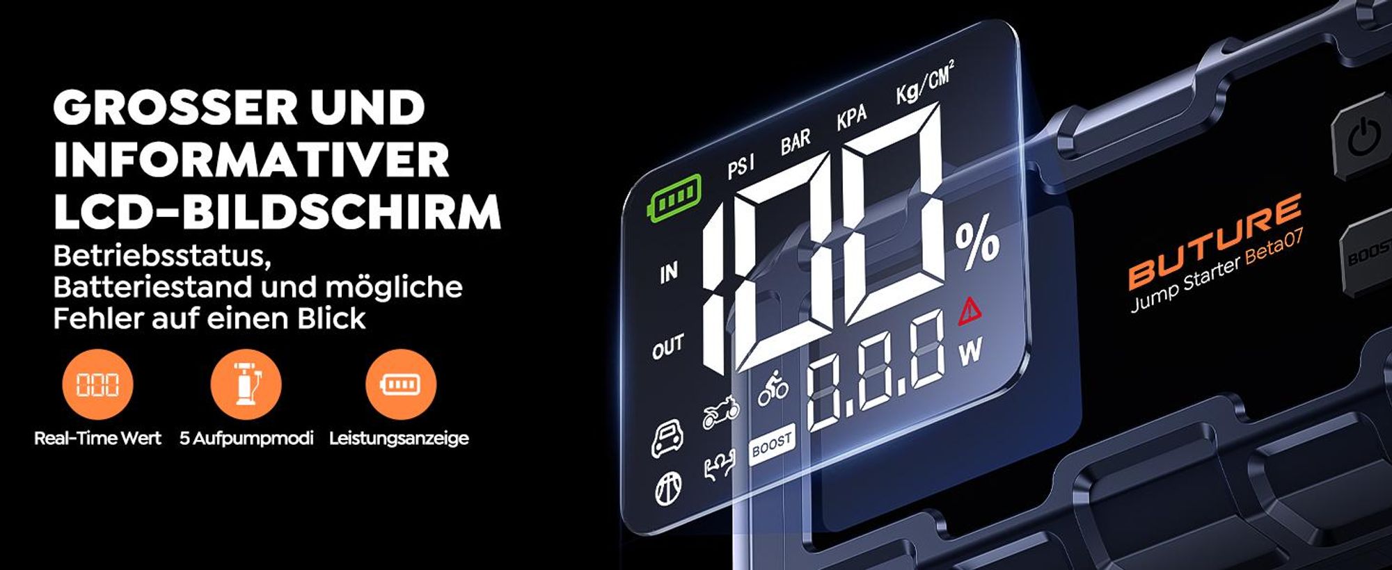 BUTURE Starthilfe powerbank für pk, 6000A Spitzenstrom, 26800mAh, 12V, 160 PSI Kompressor, Zwangsstart-Funktion, (Alle Benzinmotoren oder 12 L Diesel)