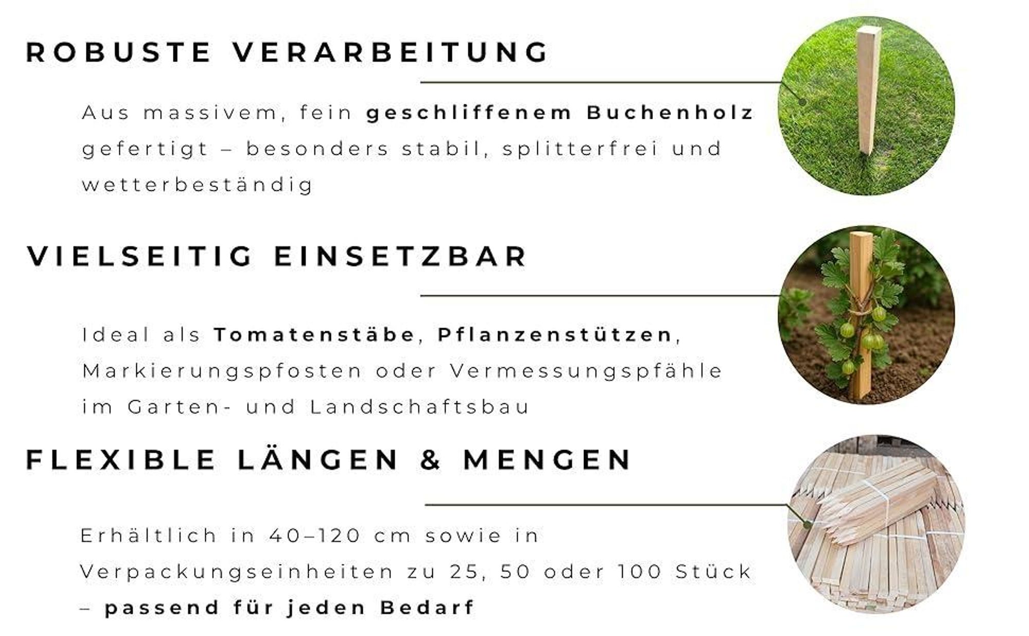 Holzpfähle Buchenholz Quadratisch 25 Stück - Längen 120 cm Holzpflöcke für Markierungen Spitze Tomatenstäbe Pflanzstäbe Tomaten Rankhilfe 25x25 mm