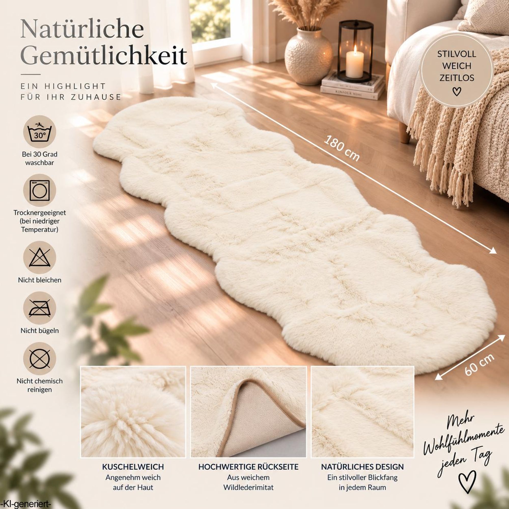 XXL Lammfell 180x60cm Teppich Kunstfell Bettvorleger Schaffell Imitat Doppelfell Creme