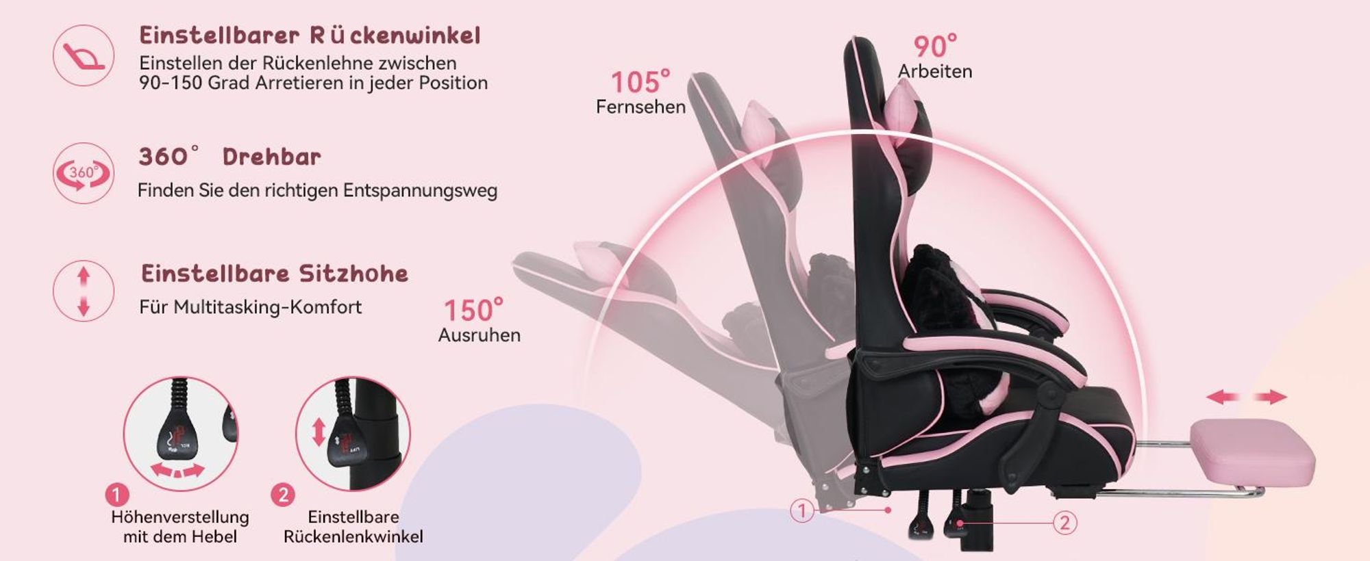 Puluomis Gaming Stuhl mit Fußstütze, Bürostuhl Chefsessel Schreibtischstuhl Racing Stuhl ergonomisch drehbar höhenverstellbar Katze Schwarz Pink