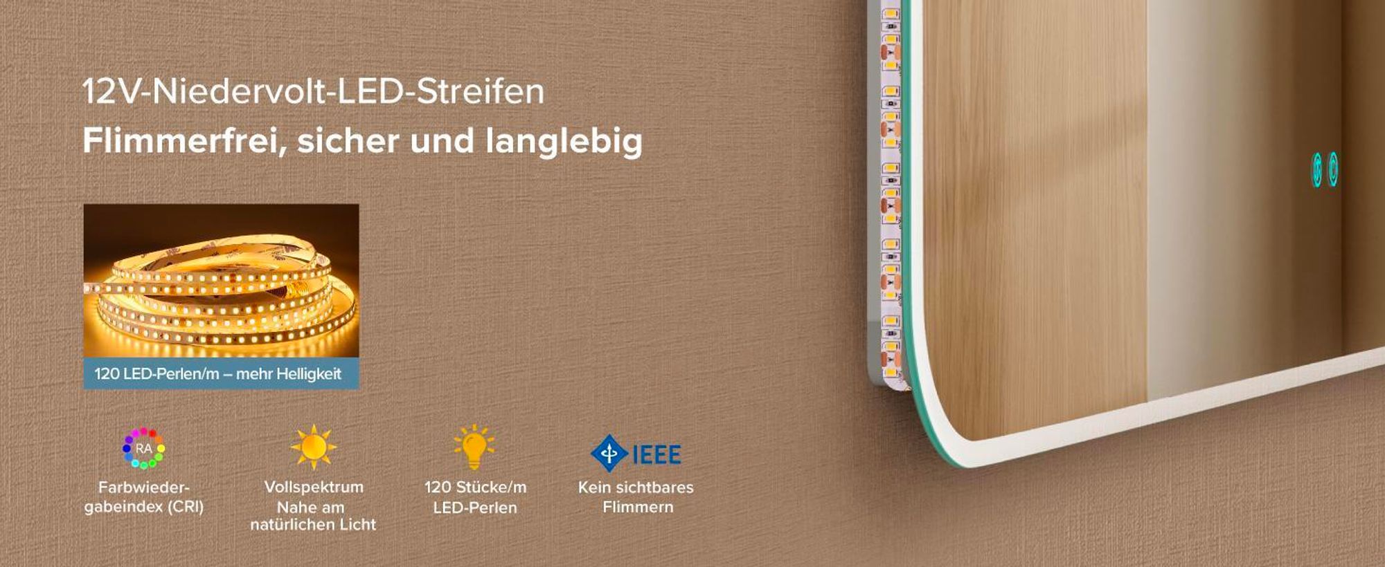 doporro Design LED-Spiegel Wandspiegel 140x70cm Badezimmerspiegel Beschlagfrei 5 mm Glas durch Antifog-Schicht Nova-02